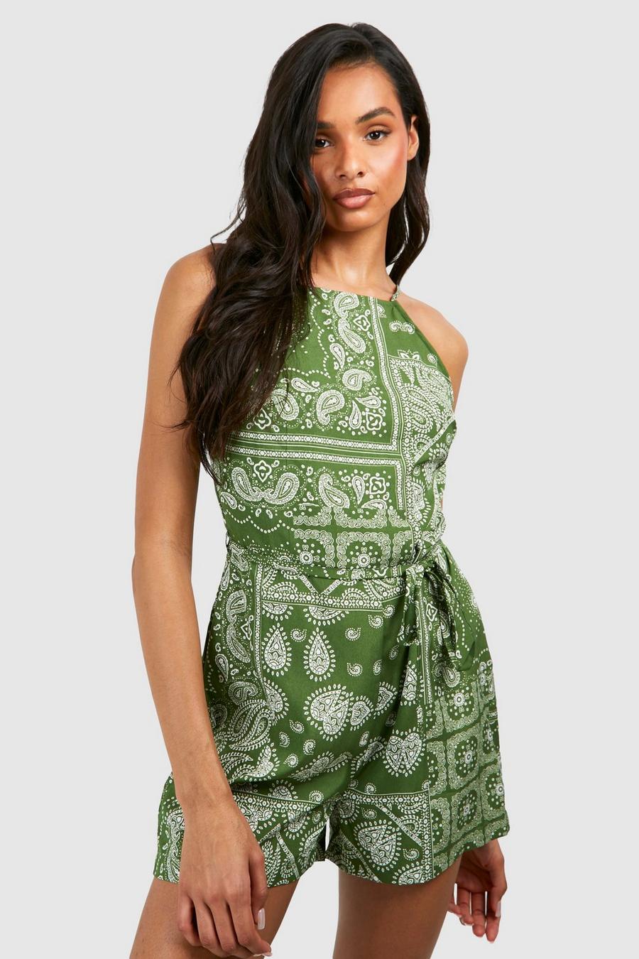 Green Tall Paisley Print Tie Back Playsuit