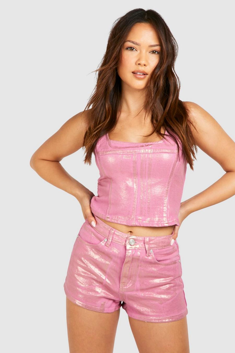 Pinke Metallic Jeansshorts, Pink image number 1