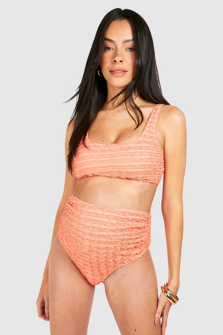 Umstandsmode strukturierter Rüschen-Bikini mit hohem Bund, Peach image number 1