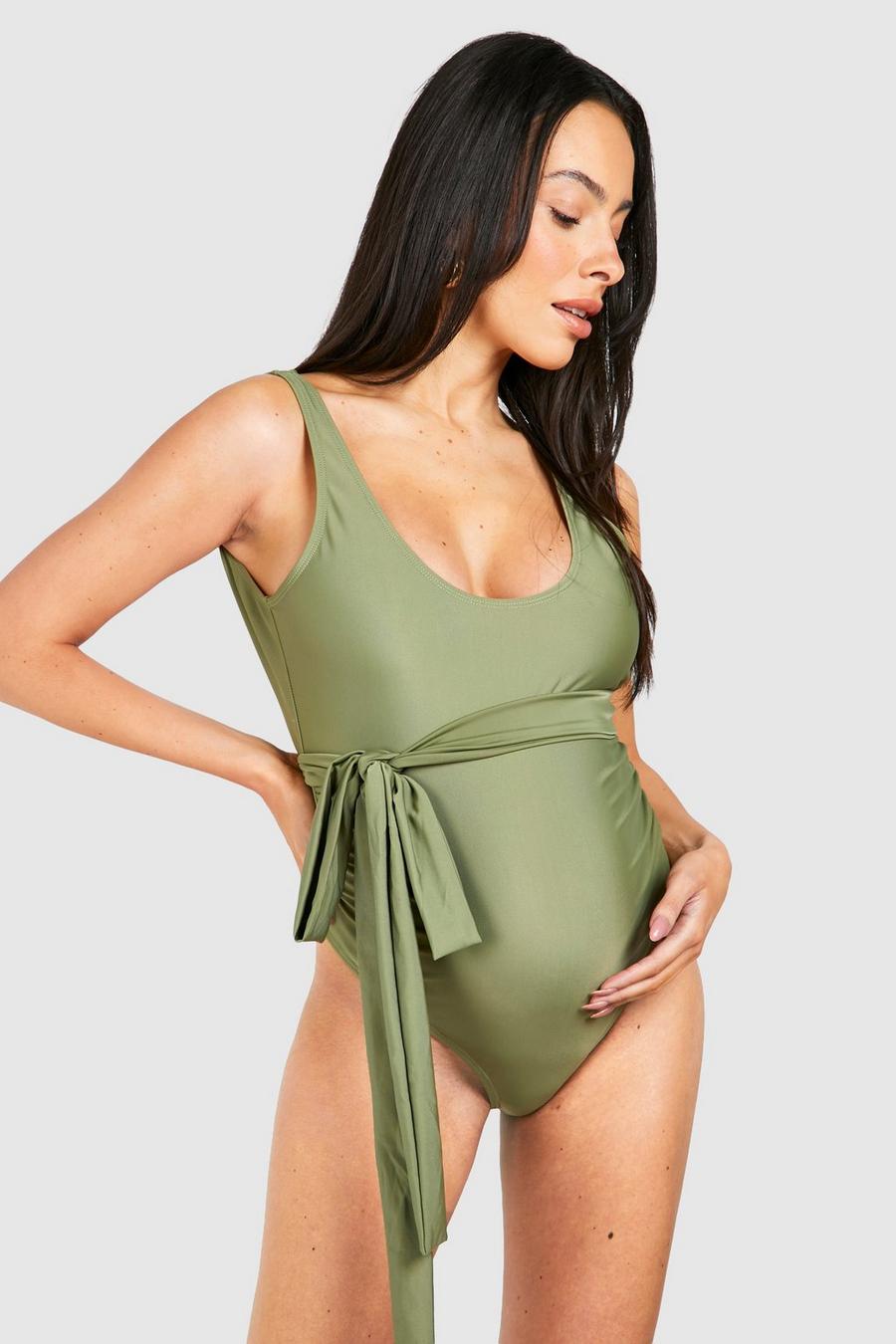 Khaki Maternity Belted Scoop Swimsuit