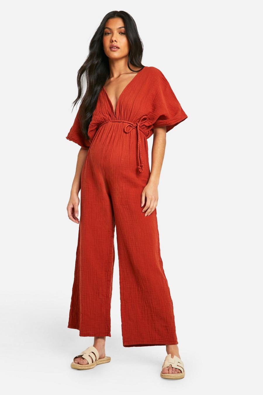 Terracotta Maternity Rope Belted Wide Leg Jumpsuit