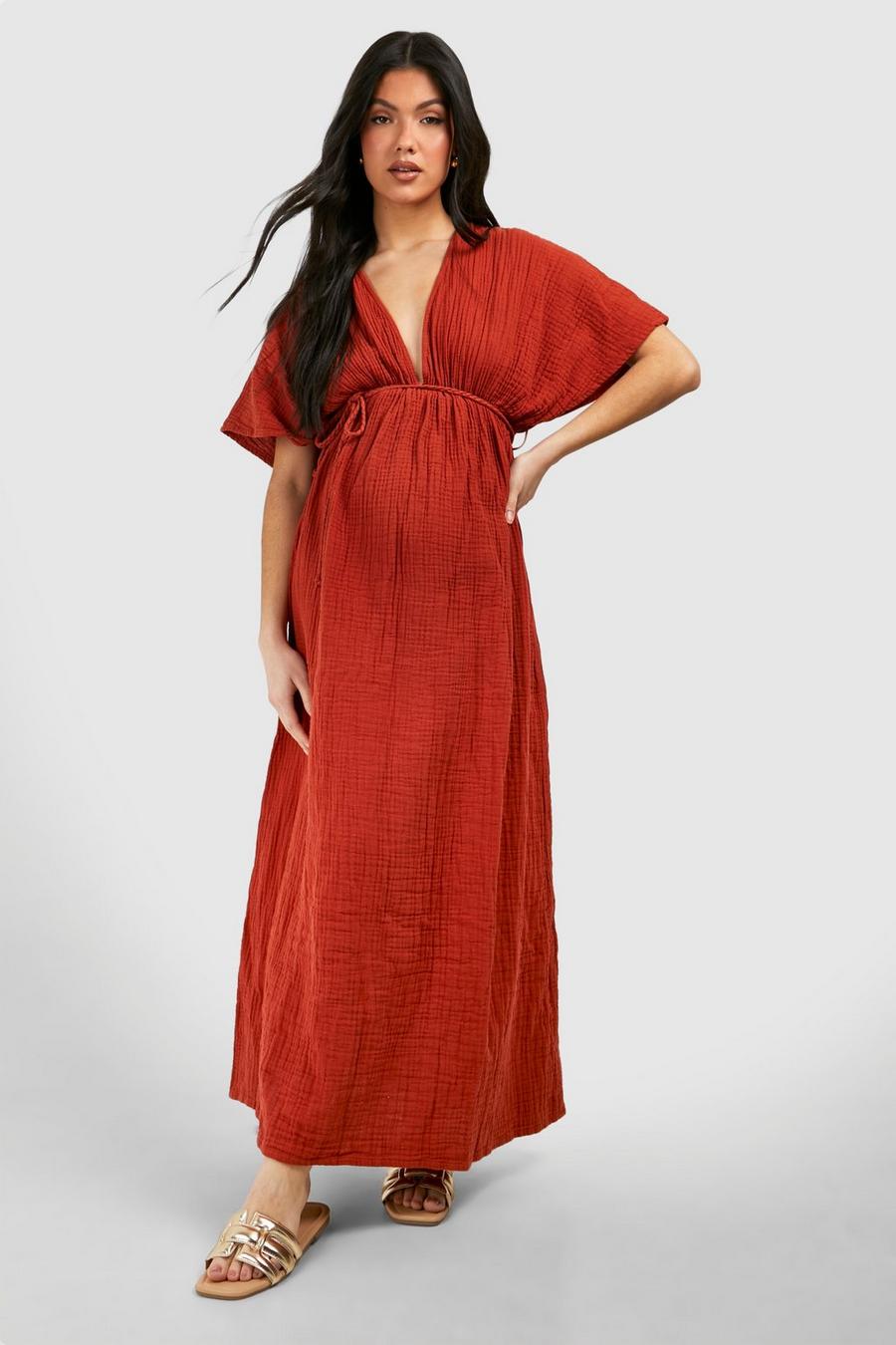 Terracotta Maternity Cheesecloth Belted Maxi Beach Dress