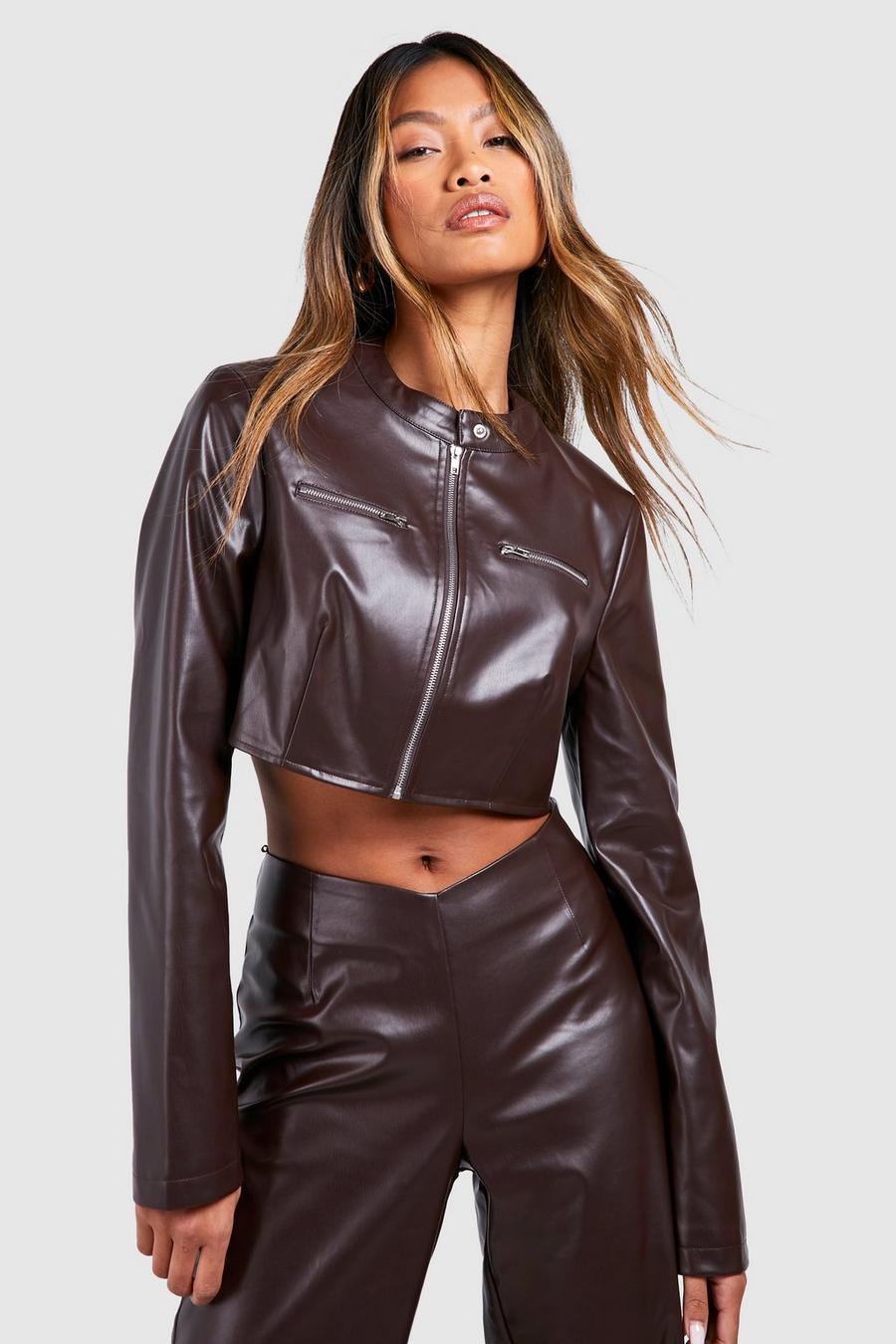 Dark brown Leather Look Crop Biker Jacket