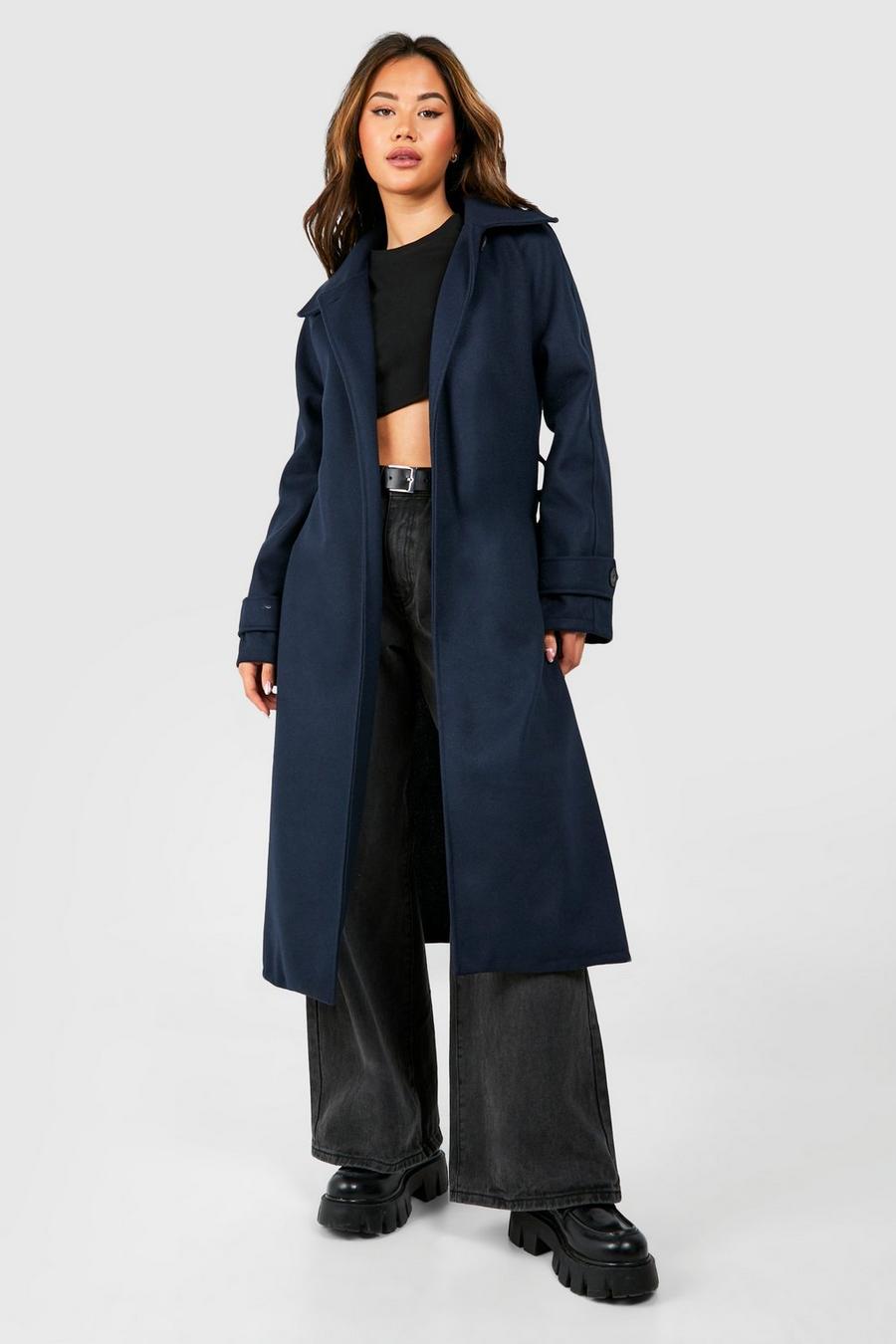 Navy Collared Belted Wool Look Coat