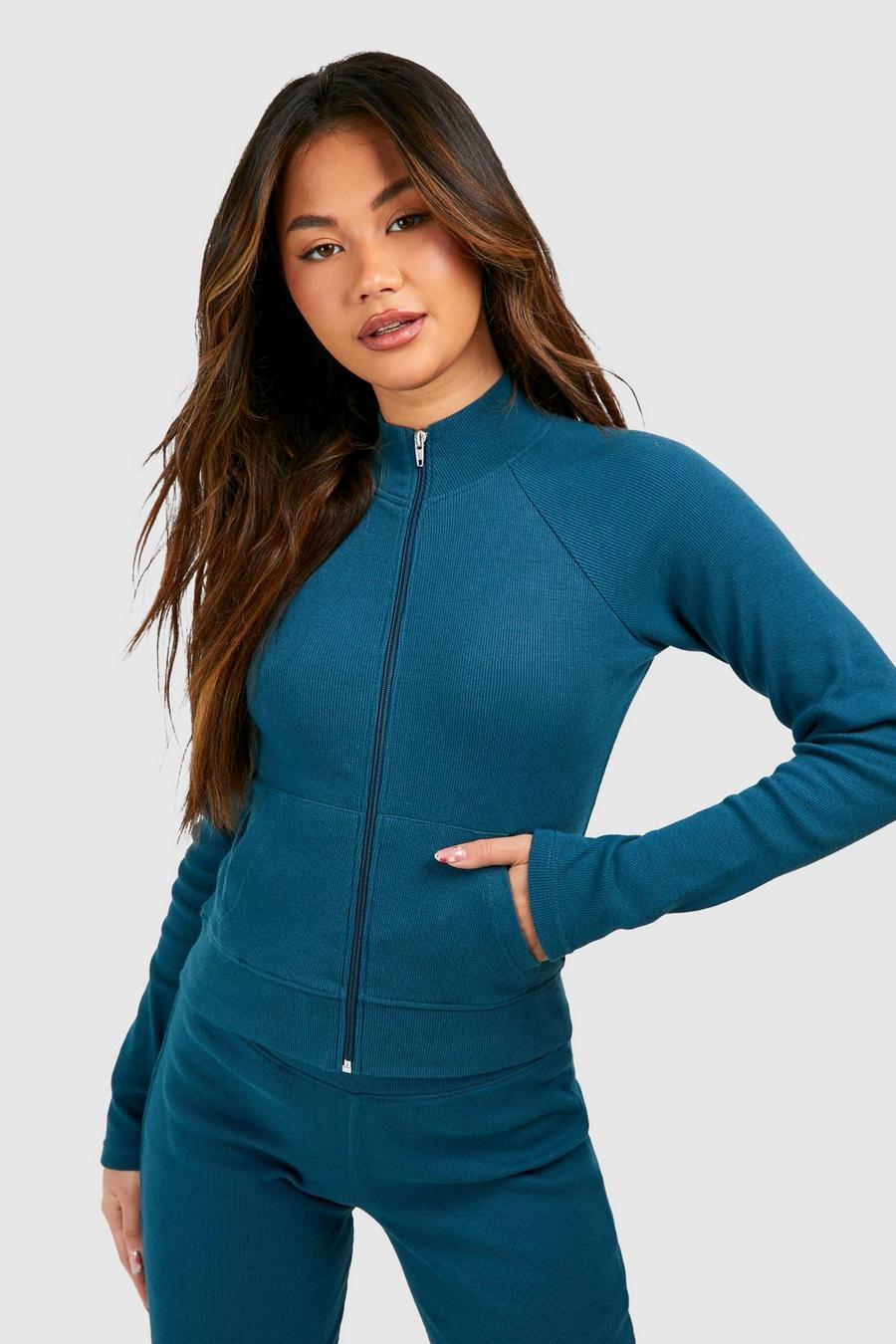 Teal Ribbed High Neck Zip Through Jacket 