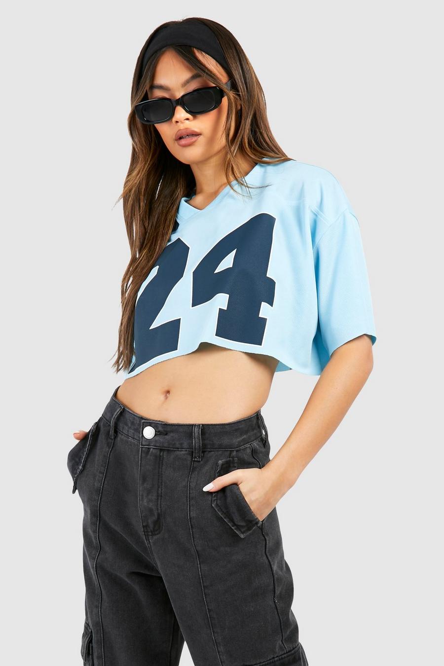 Camiseta crop de malla de airtéx con eslogan 24, Blue