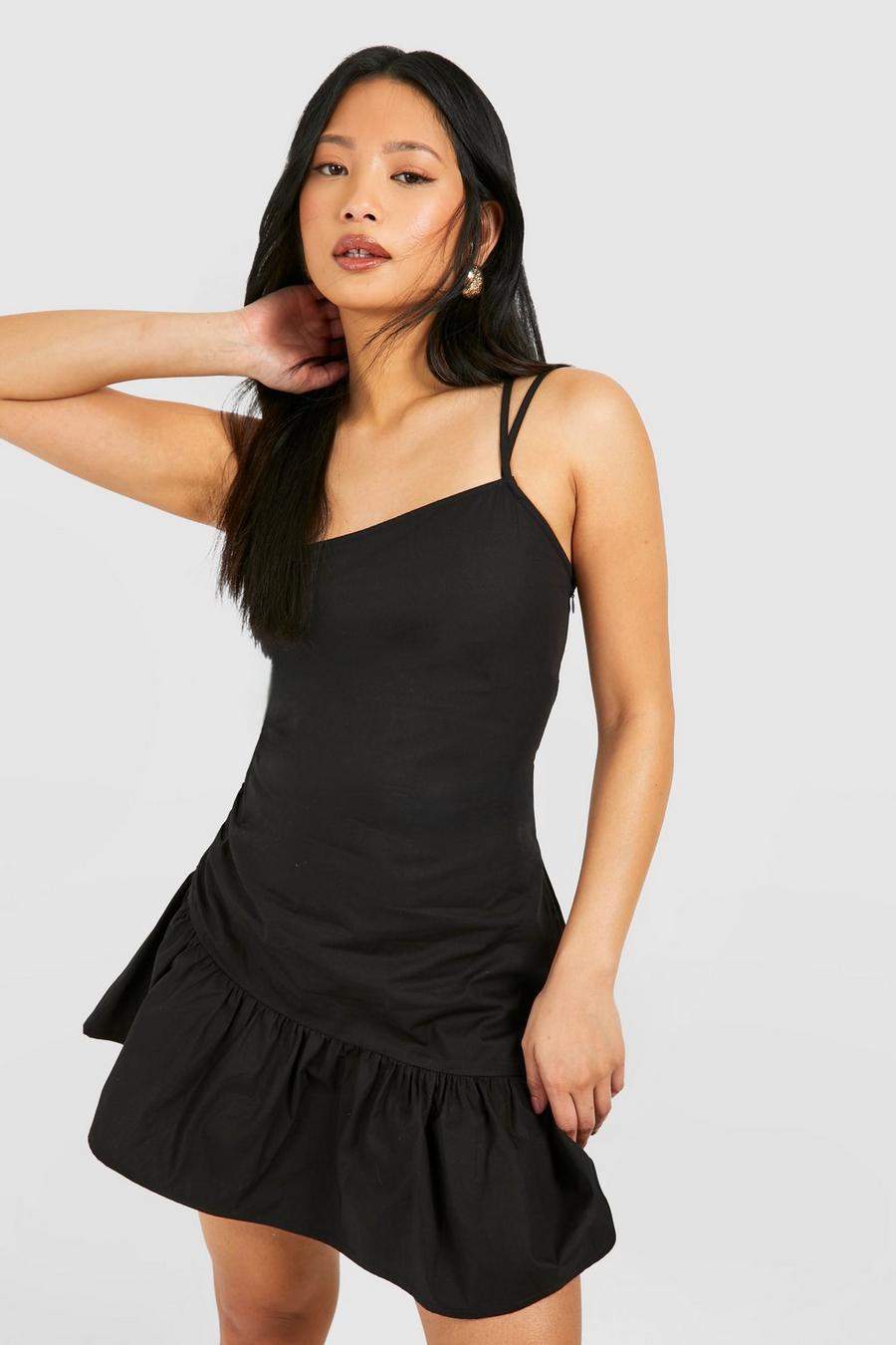 Petite Poplin Side Ruched Mini Dress, Black