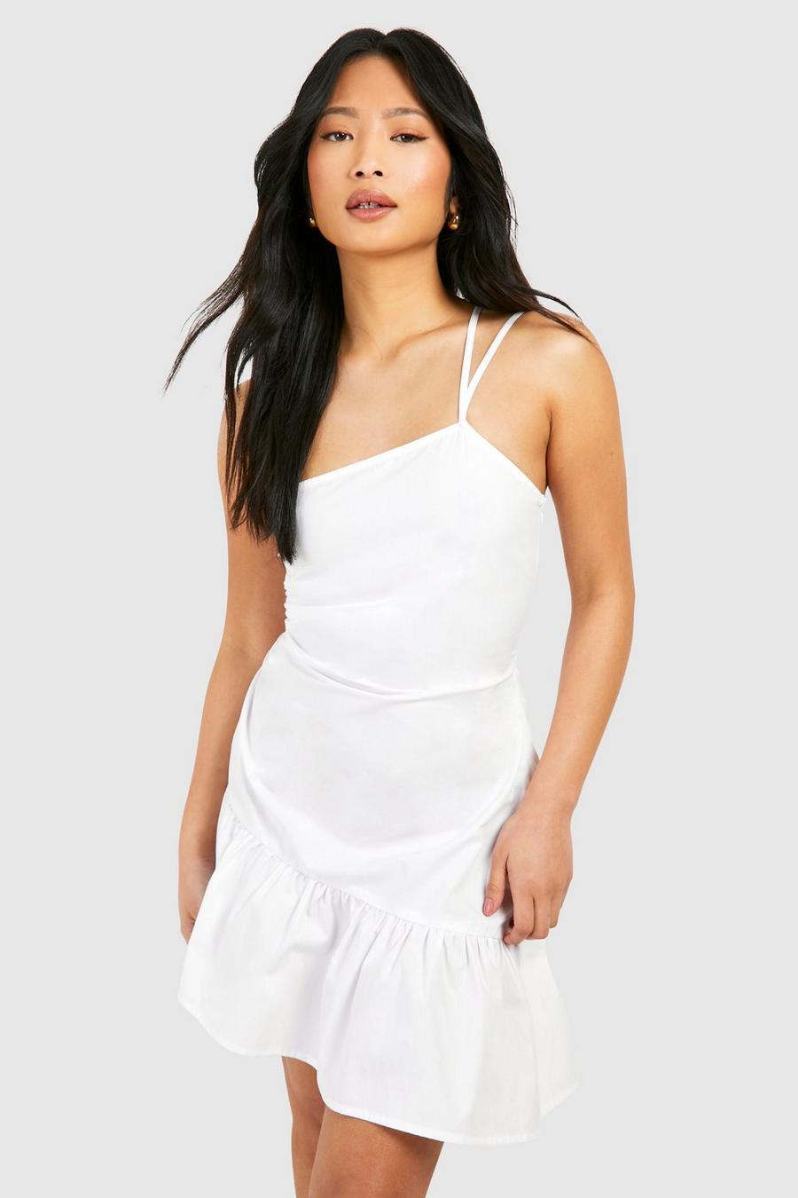 White Petite Poplin Side Ruched Mini Dress