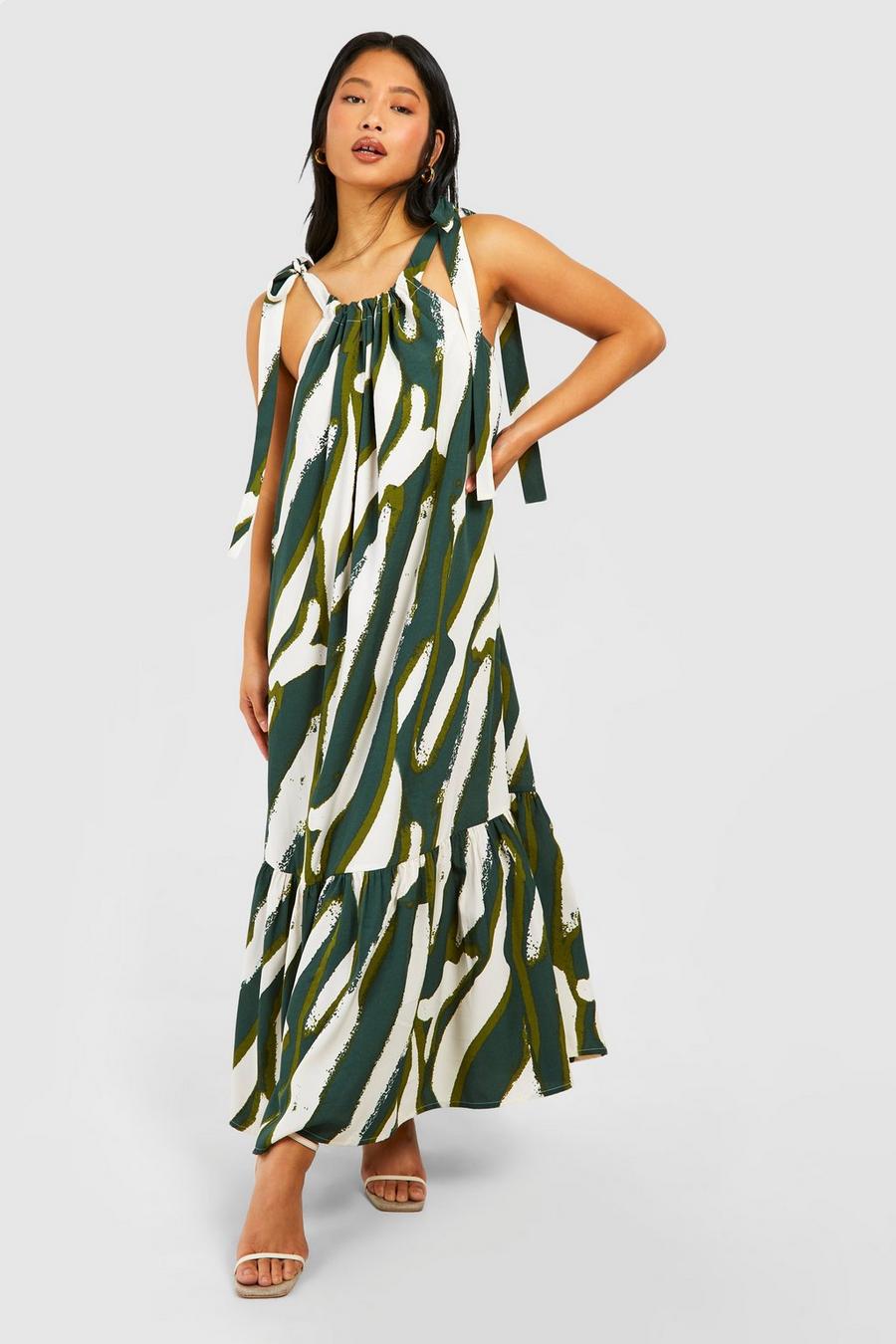 Green Petite Printed Tie Shoulder Maxi Dress image number 1