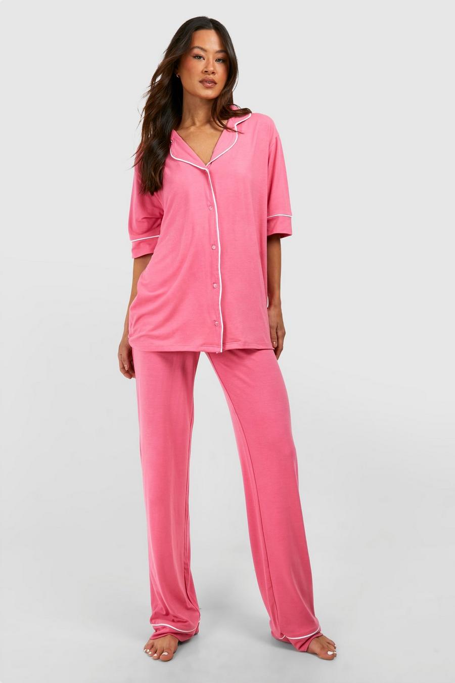 Pijama Tall de pantalón largo y tela jersey con ribete, Hot pink image number 1