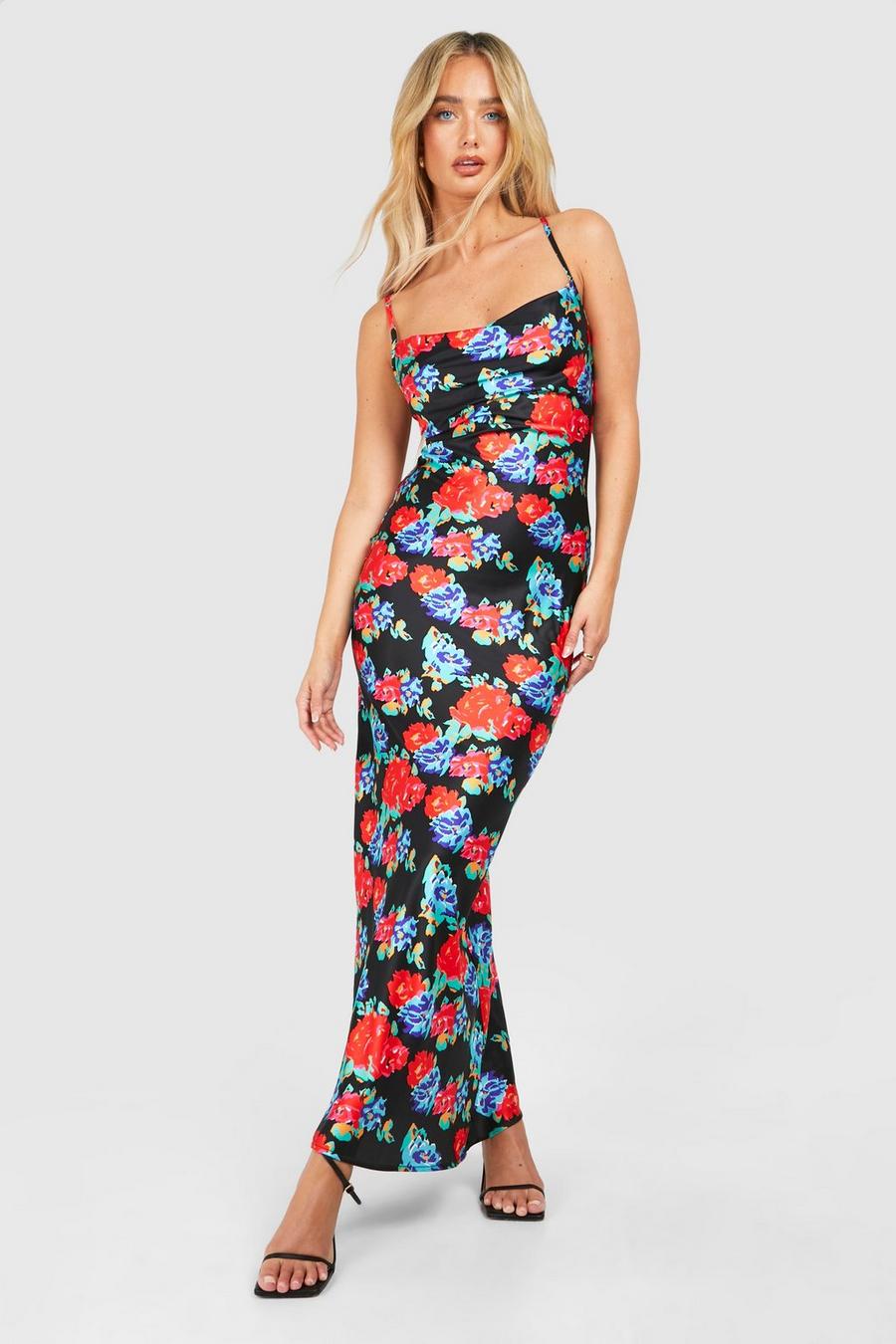 Black Cowl Neck Floral Maxi Slip Dress image number 1