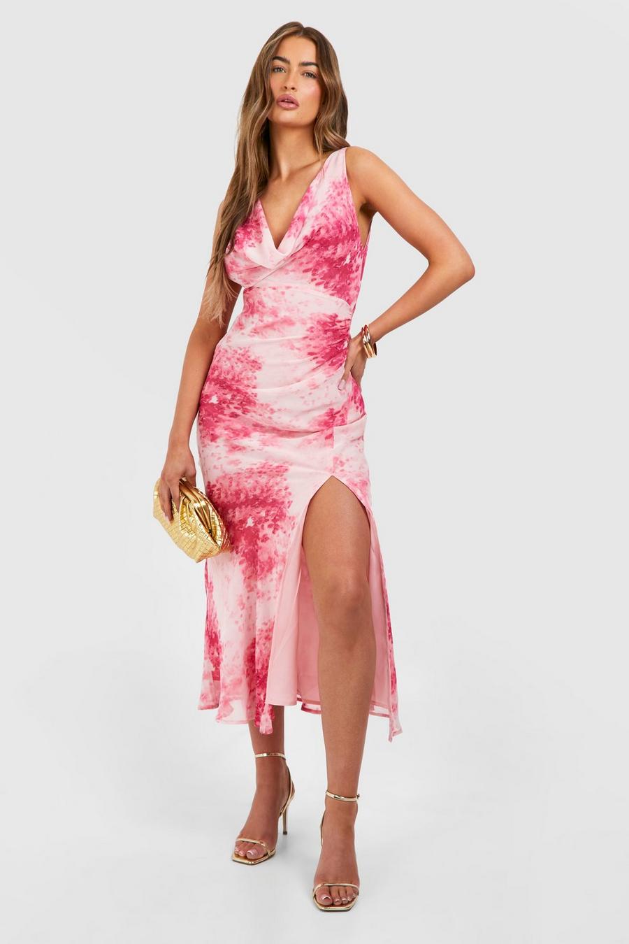 Pink Cowl Neck Floral Split Leg Midaxi Dress