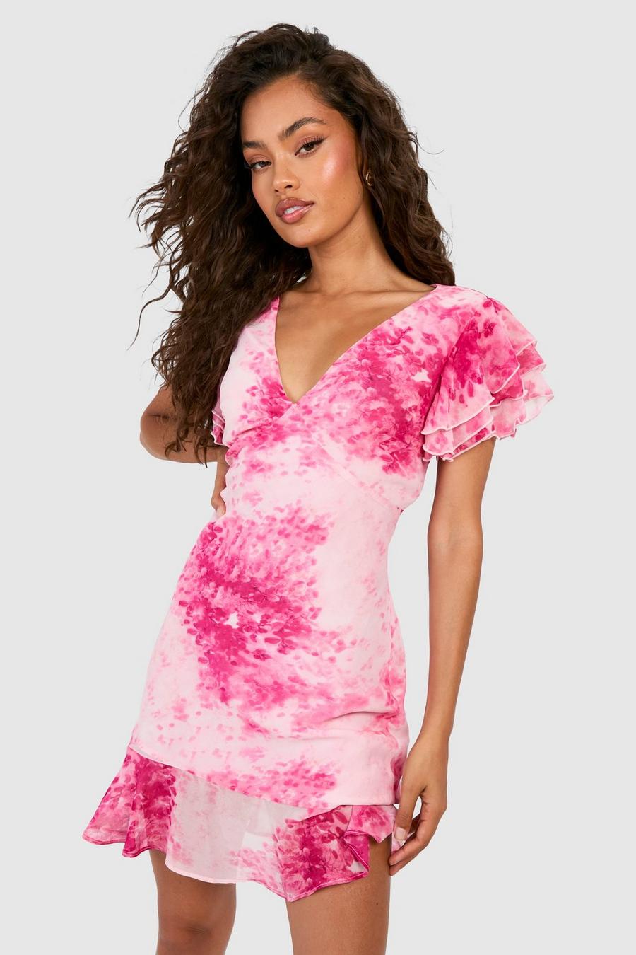 Pink V Neck Floral Ruffle Hem Mini Dress image number 1