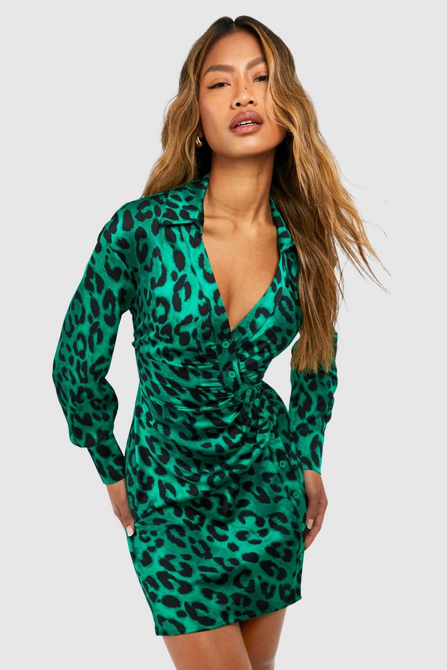 Leopardenprint Hemd-Kleid mit Knopfleiste, Green image number 1