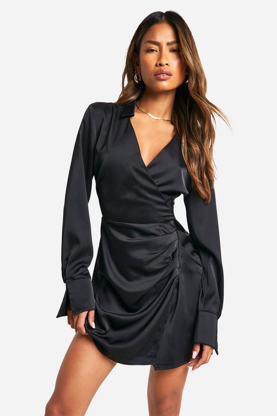 Black Collared Plunge Shirt Dress