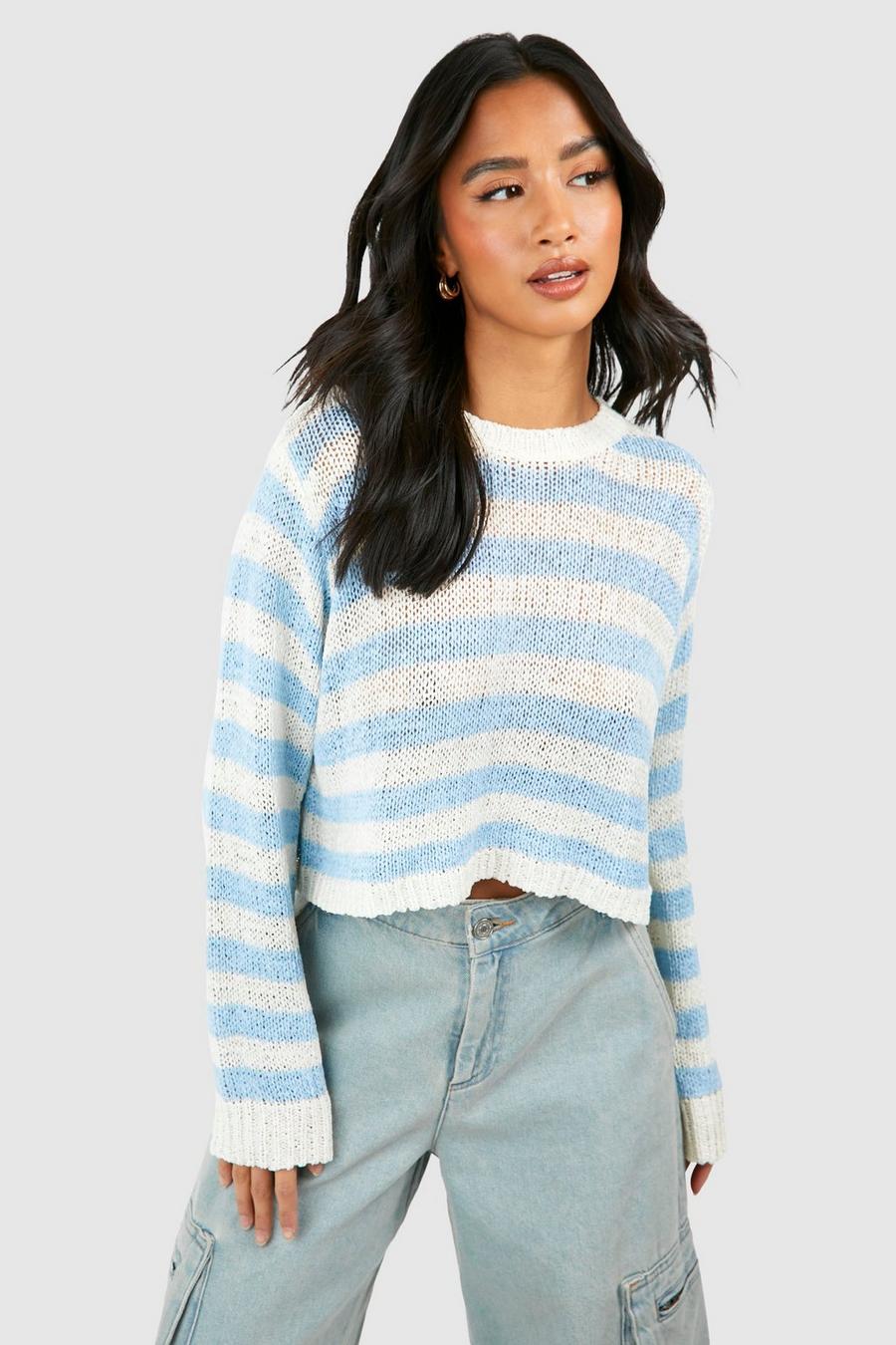 Blue Petite Loose Knit Stripe Sweater image number 1
