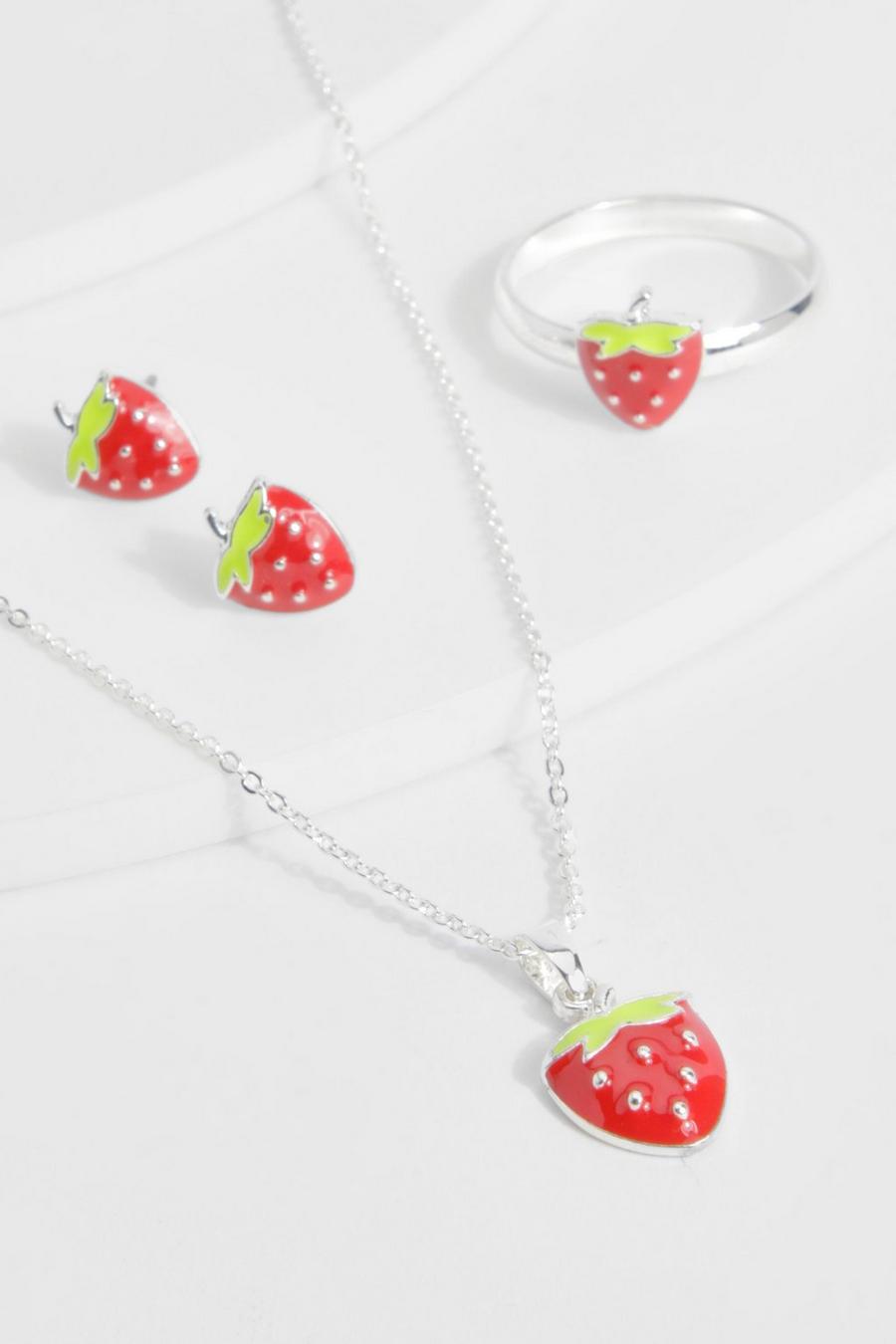 Multipaquete de pendientes, collar y anillo con estampado de fresas, Silver image number 1