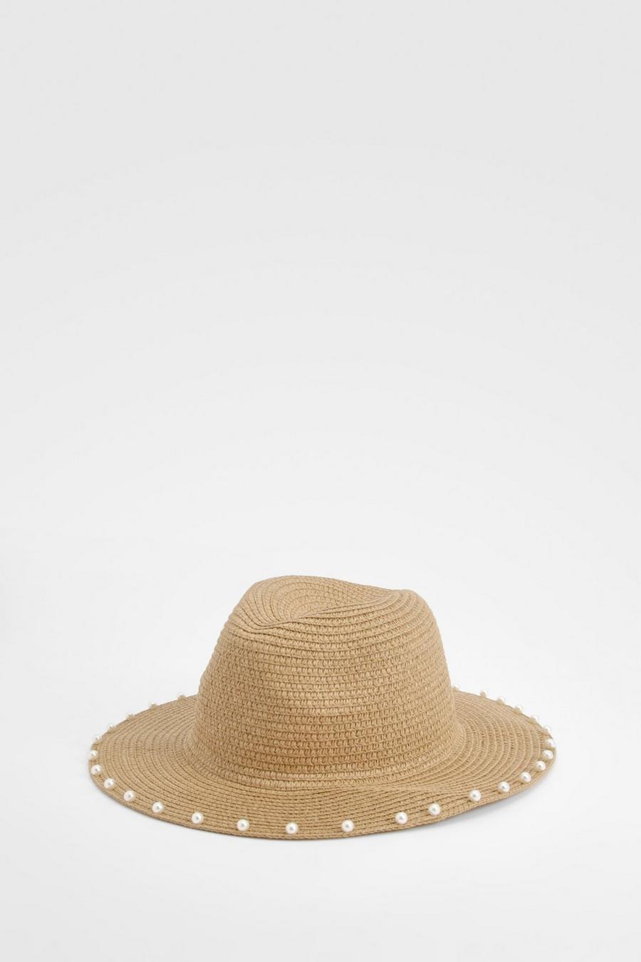 Neutral Pearl Trim Straw Hat 