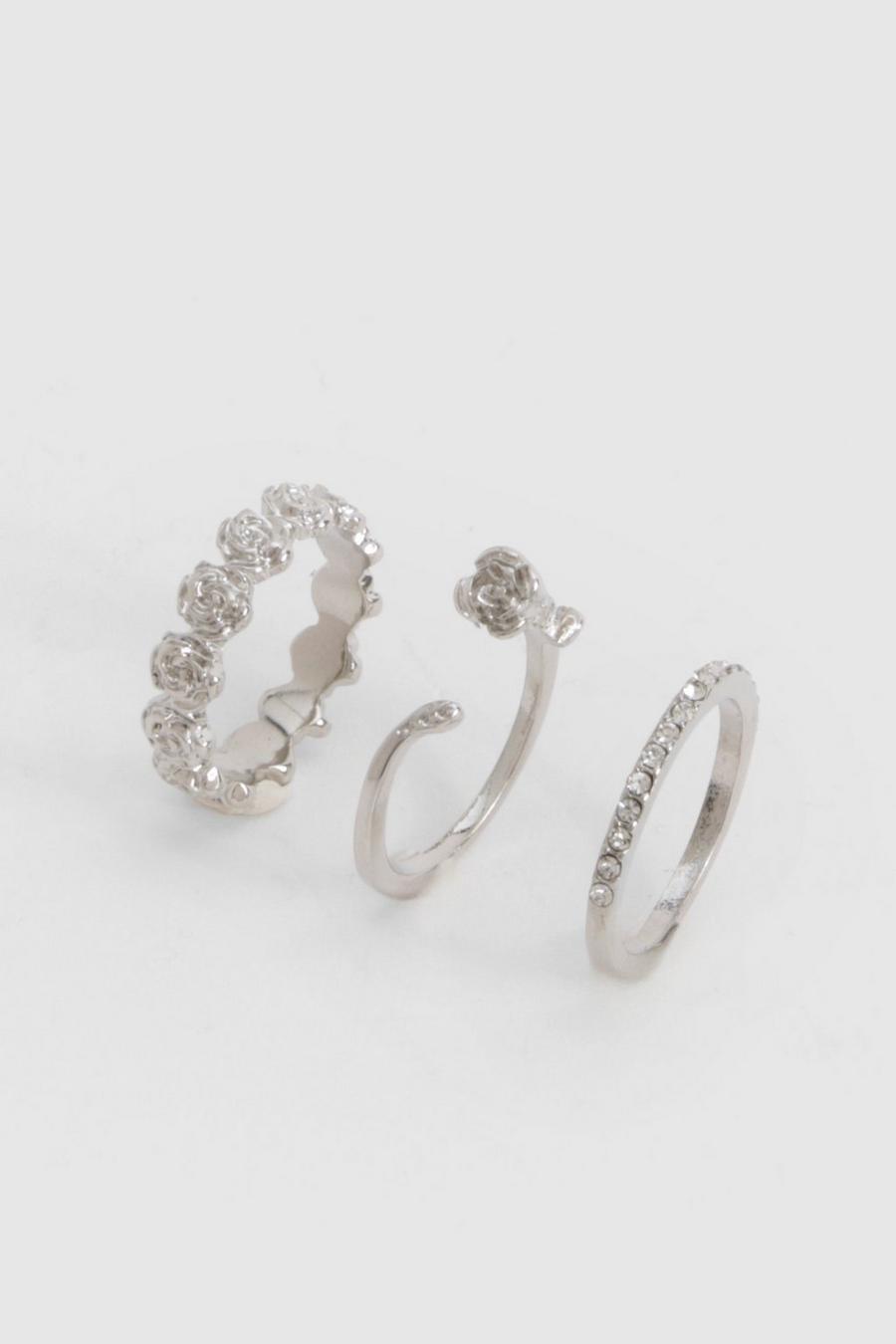 Set di anelli delicati con rose, Silver image number 1