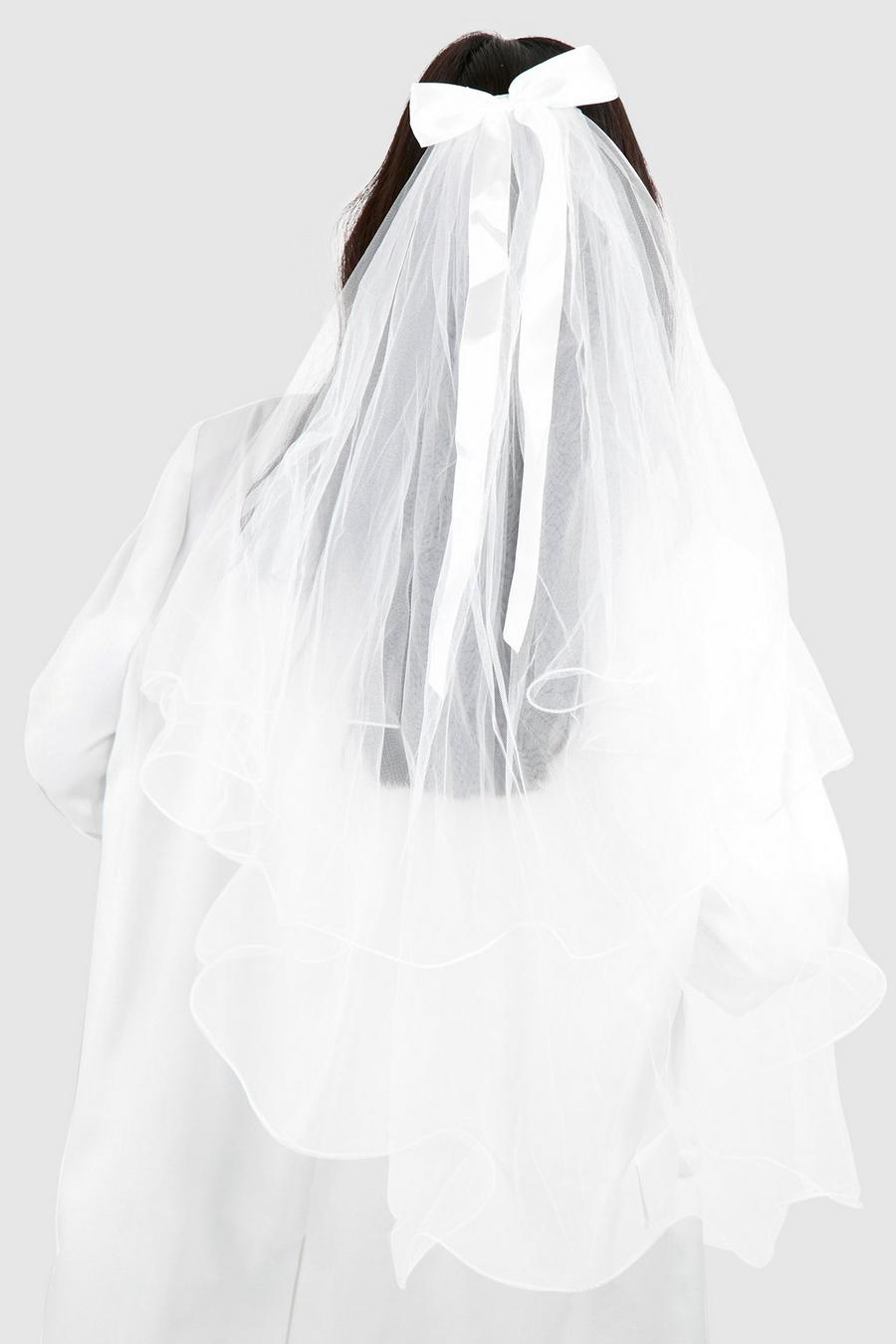 White Long Bow Bridal Veil Hair Clip image number 1