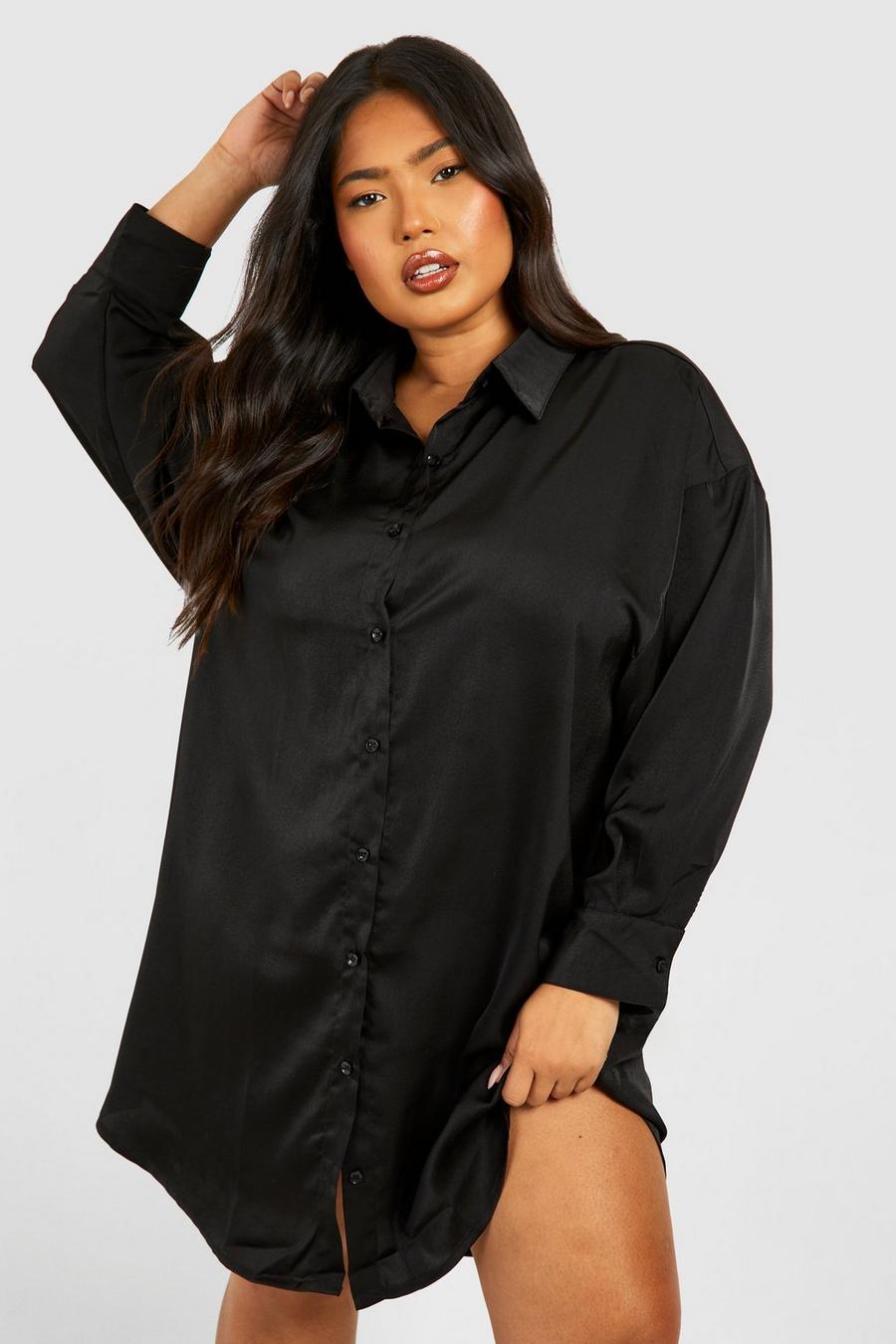 Grande taille - Robe nuisette satinée et chemise satinée 2 en 1, Black