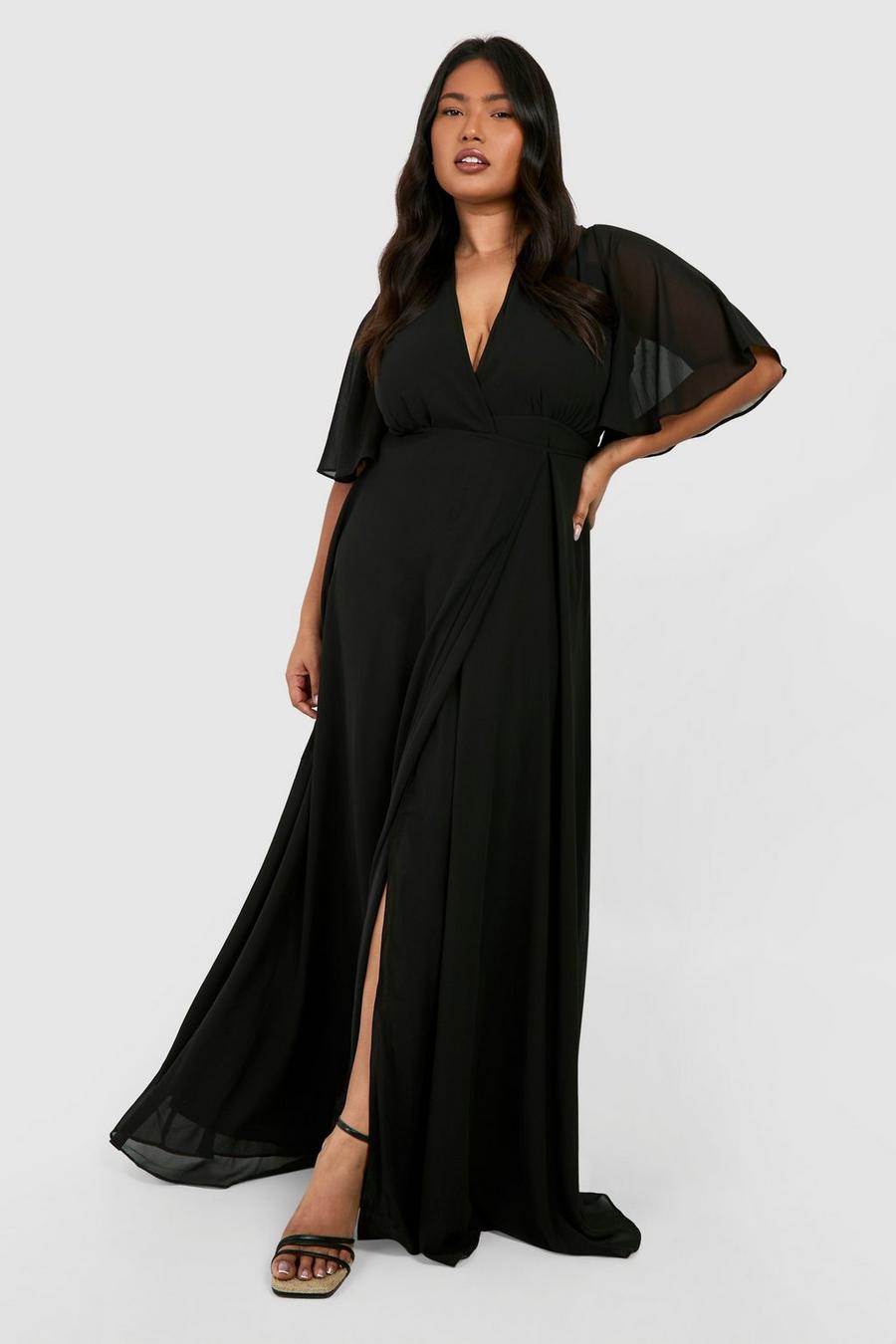 Black Plus Angel Sleeve Wrap Bridesmaid Dress
