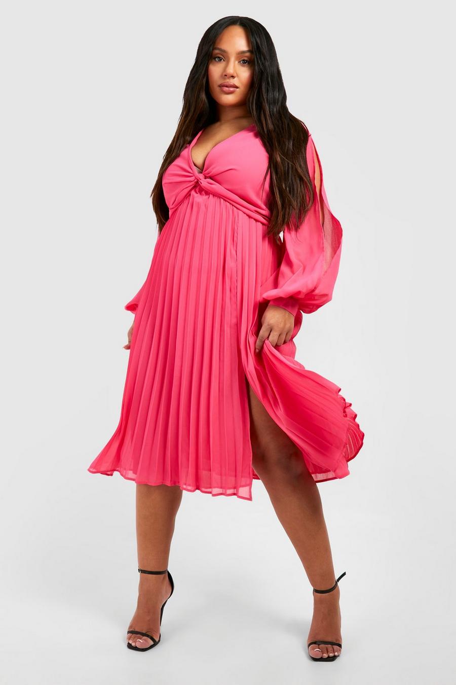 Hot pink Plus Midiklänning i chiffong med tvinnad detalj