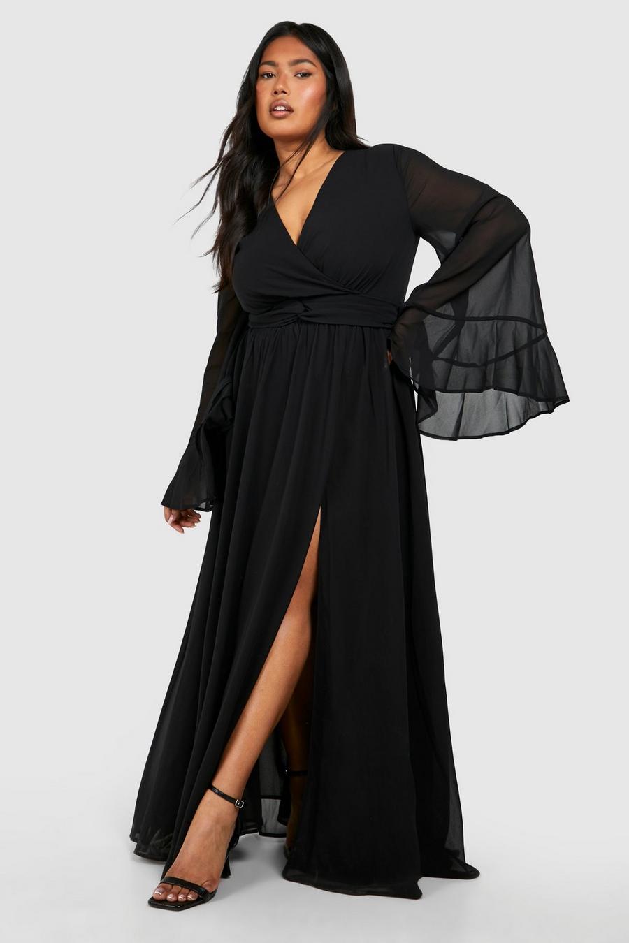 Black Plus Chiffon Maxi Jurk Met Wijde Mouwen