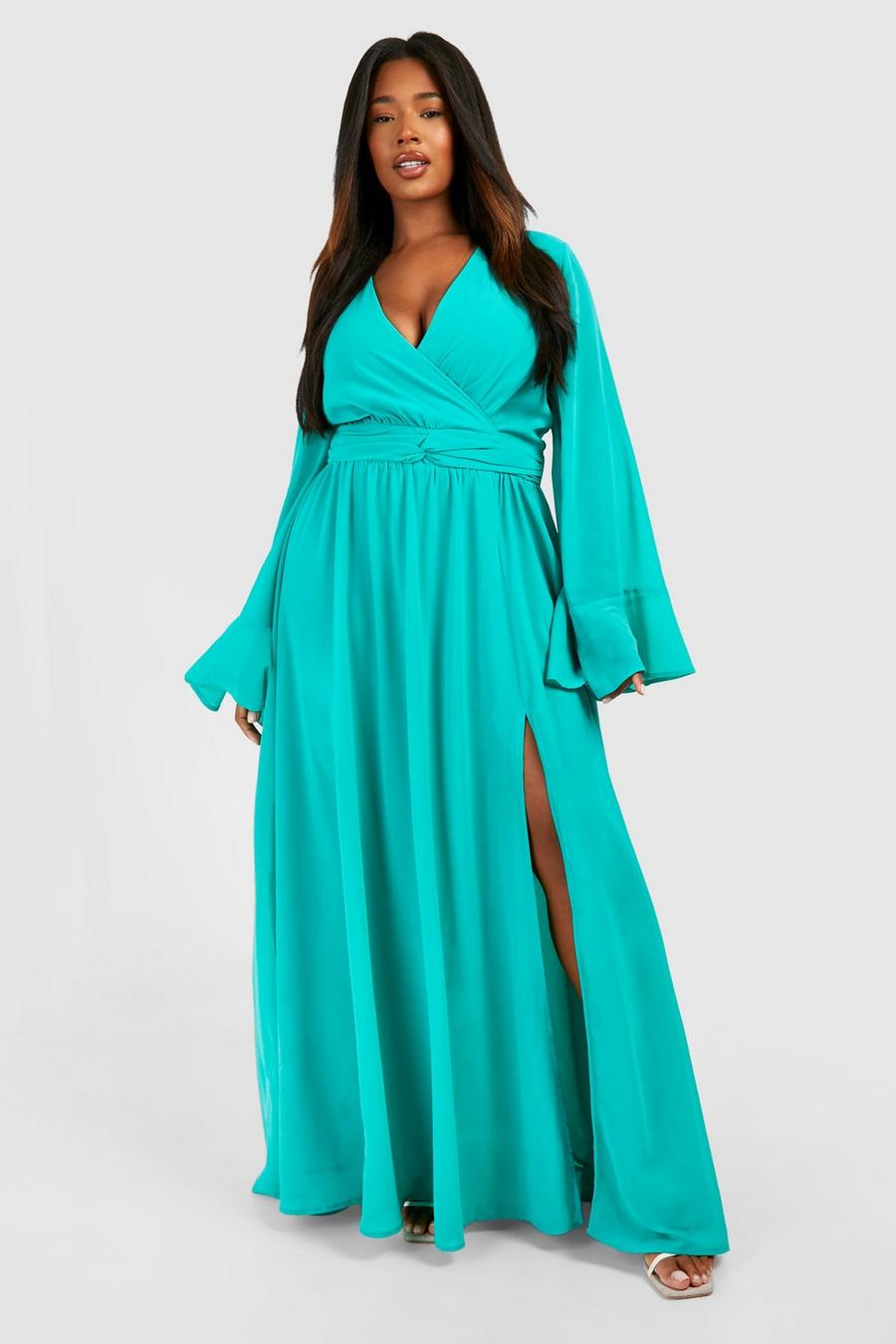 Green Plus Chiffon Flared Sleeve Maxi Dress image number 1
