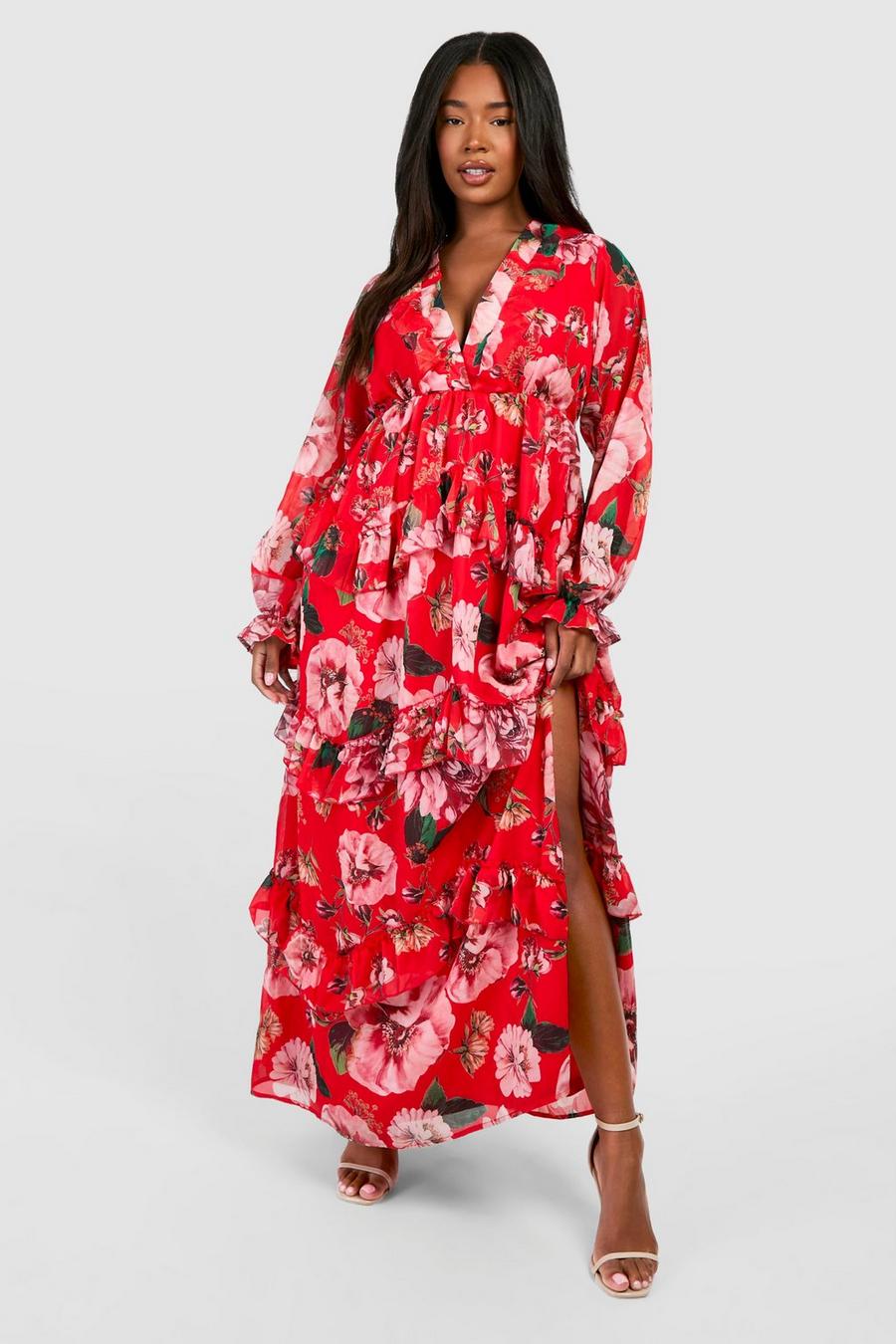 Vestito maxi Plus Size in chiffon a fiori con arricciature, Red