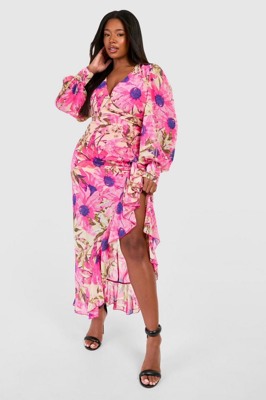 Pink Plus Bloemen Maxi Wikkel Jurk Met Ruches