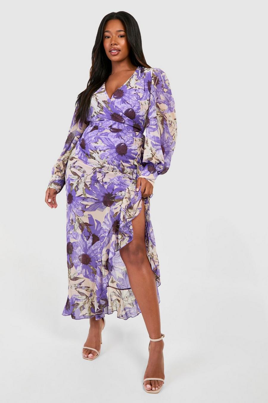 Purple Plus Floral Ruffle Wrap Maxi Dress image number 1