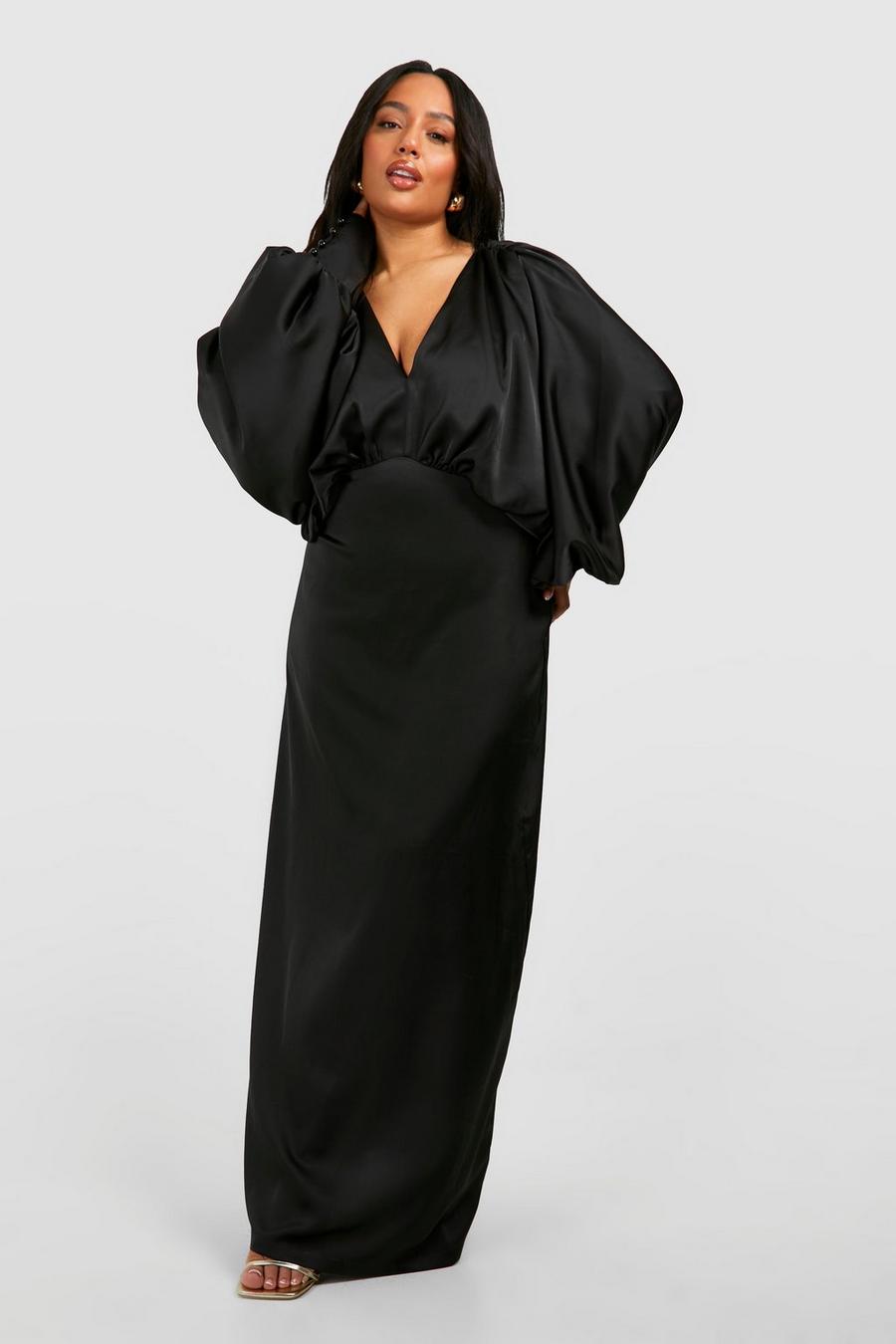 Black Plus Satin Plunge Blouson Sleeve Maxi Dress