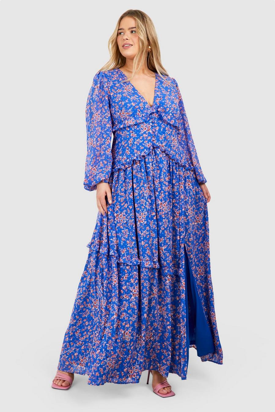 Blue Plus Ditsy Floral Waist Detail Maxi Dress  image number 1