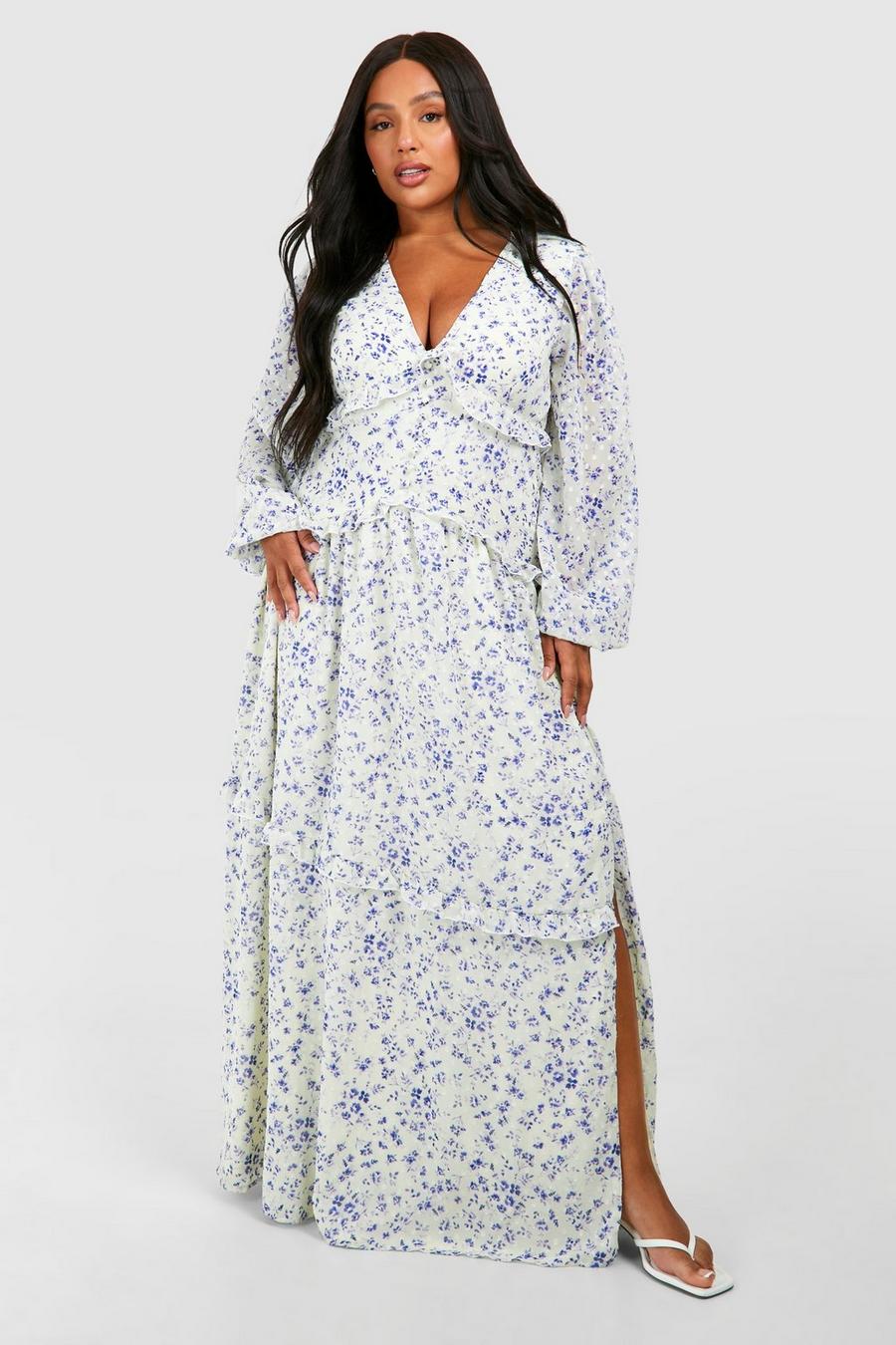 Grande taille - Robe longue fleurie à taille contrastante, White