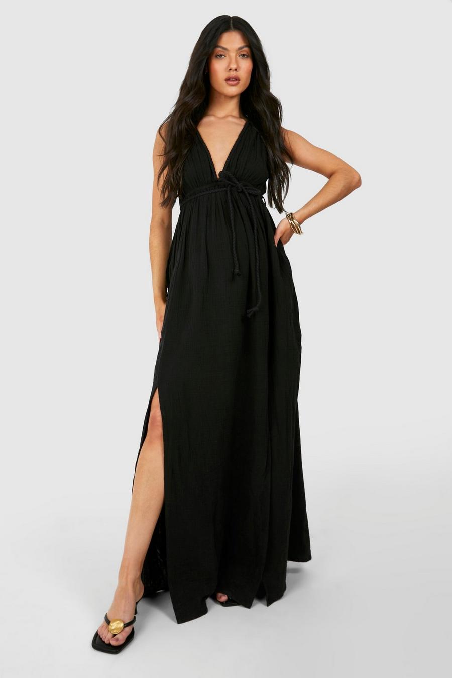 Black Maternity Belted Cheesecloth Maxi Dress