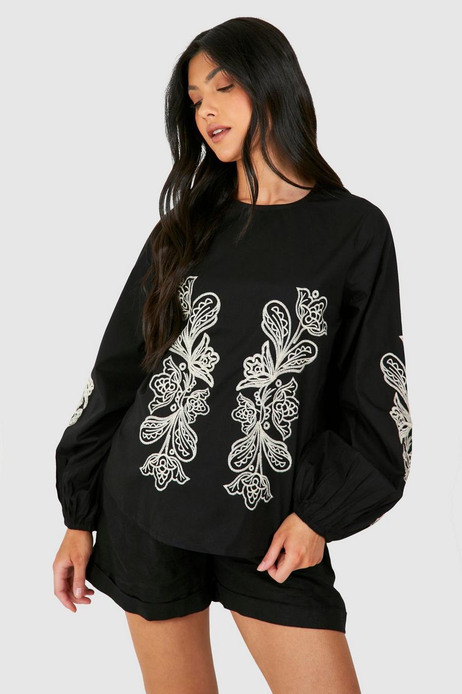 Black Maternity Embroidered Long Sleeve Smock Top