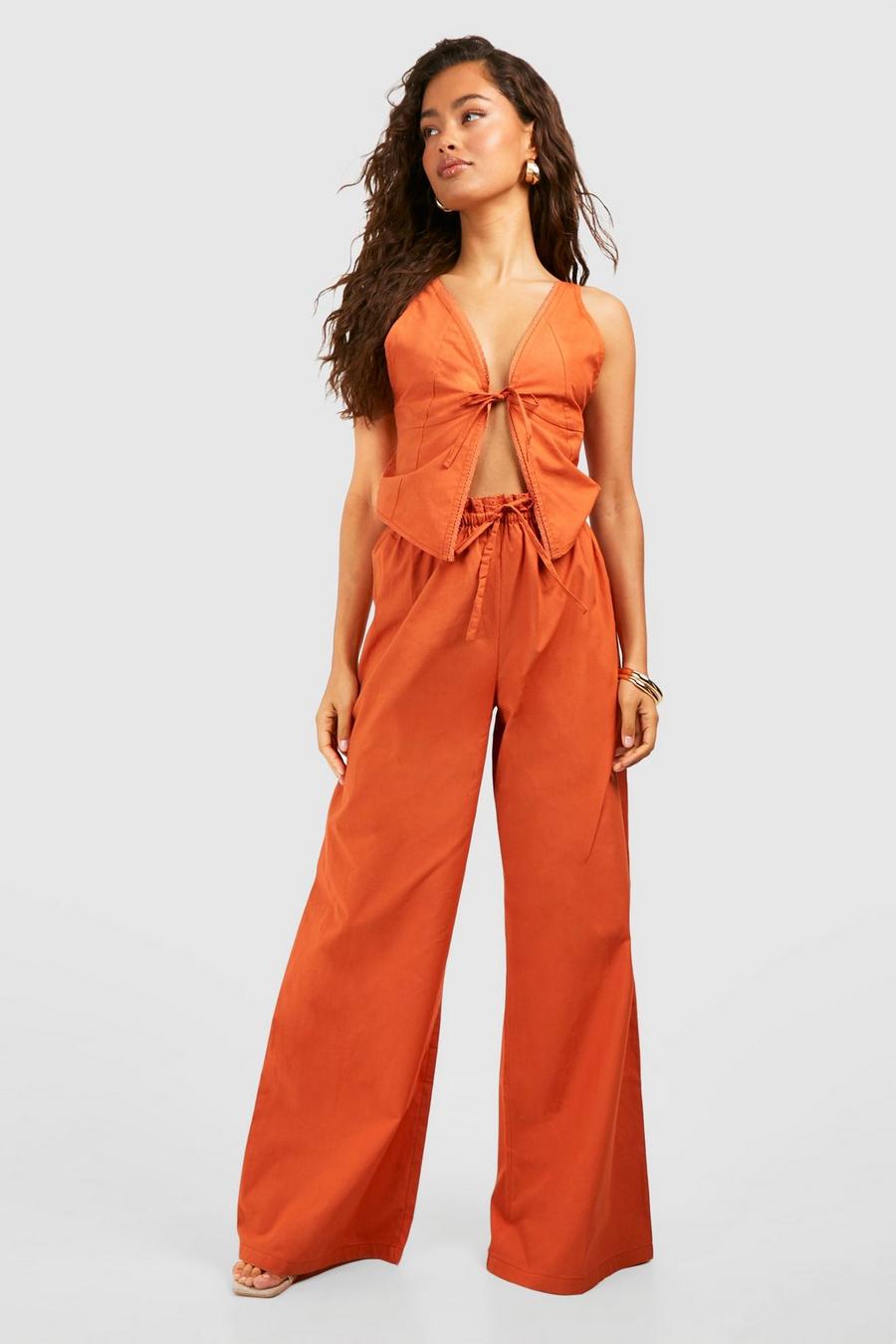 Rust Lace Trim Tie Front Top & Wide Leg Trousers image number 1