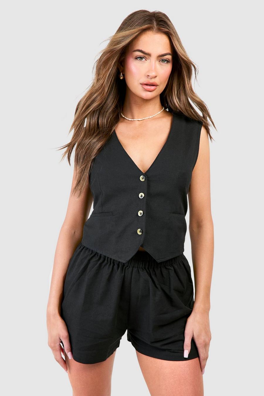 Black Linen Look Waistcoat & Relaxed Fit Shorts