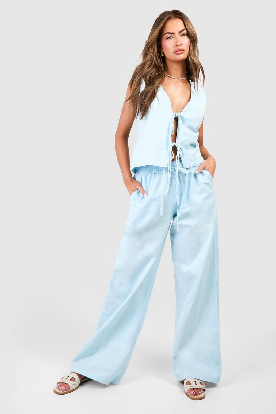 Denim-blue Linen Look Tie Front Crop & Wide Leg Trousers