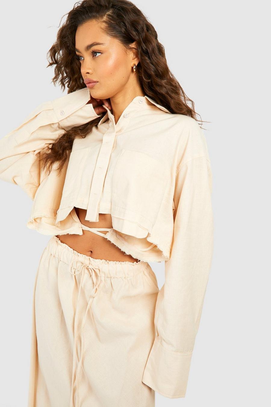 Linen Look Boxy Cropped Shirt, Camel