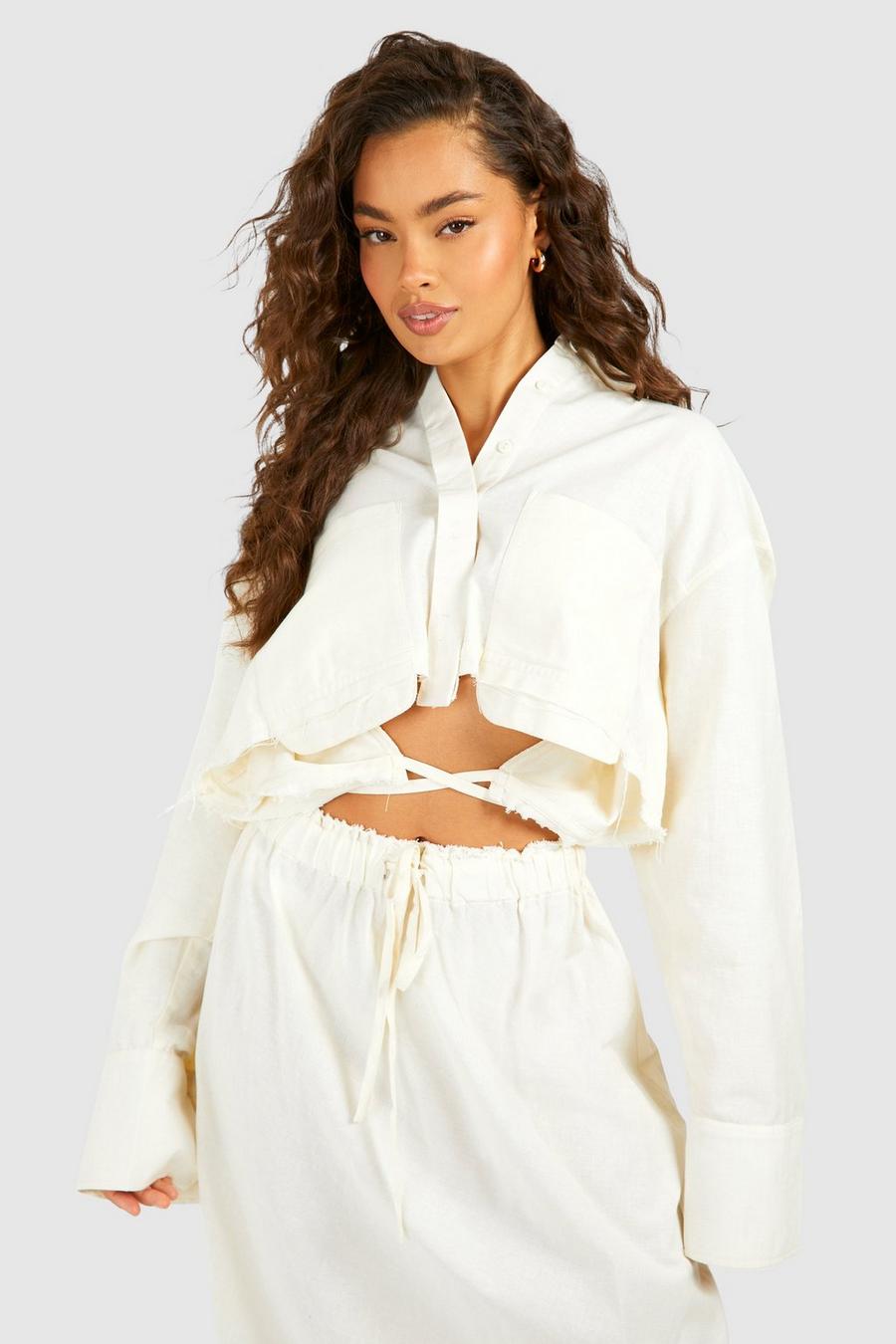 Ivory Linen Look Boxy Cropped Shirt