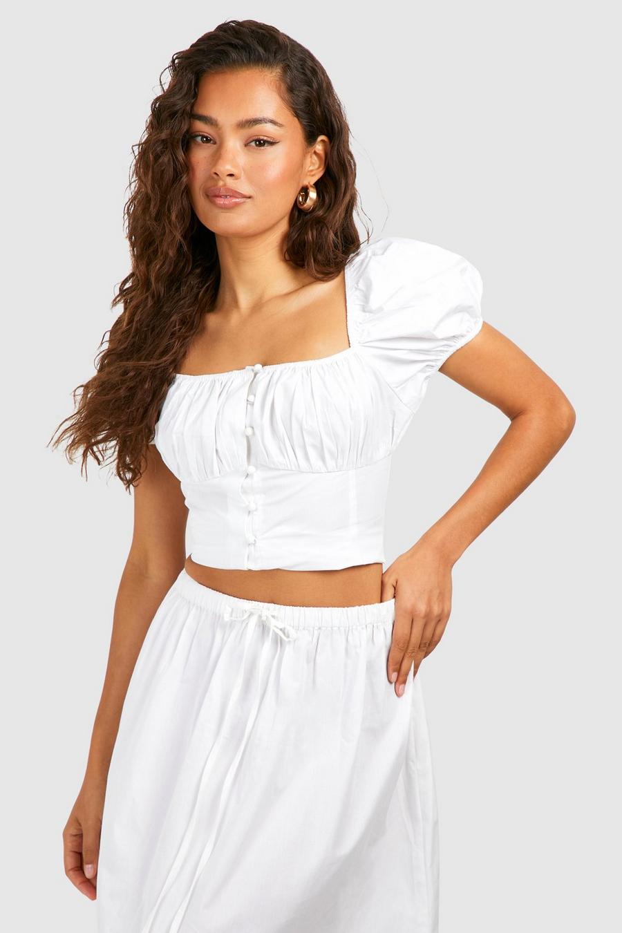 White Puff Sleeve Button Detail Crop Top image number 1