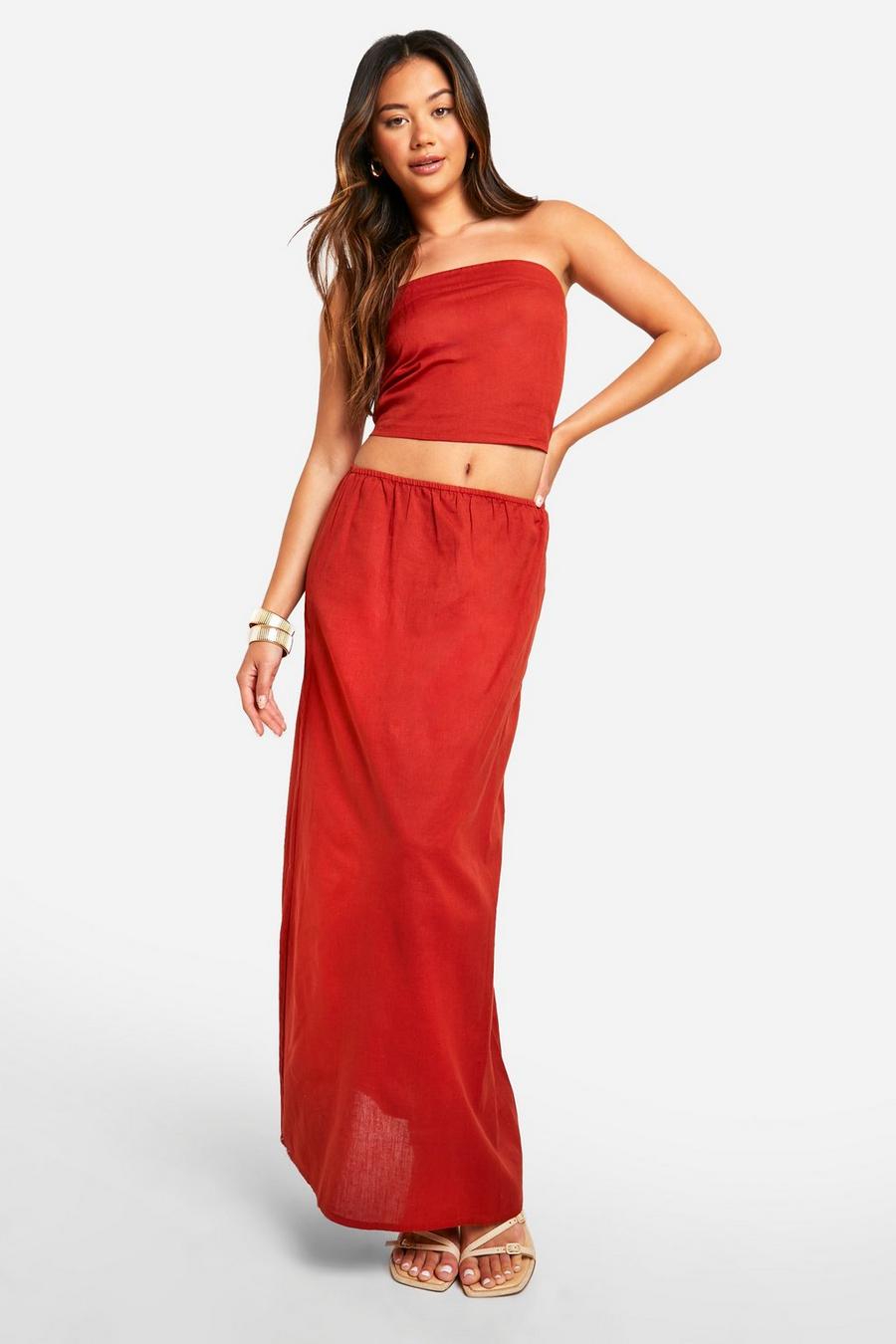 Red Linen Look Bandeau & Column Maxi Skirt 