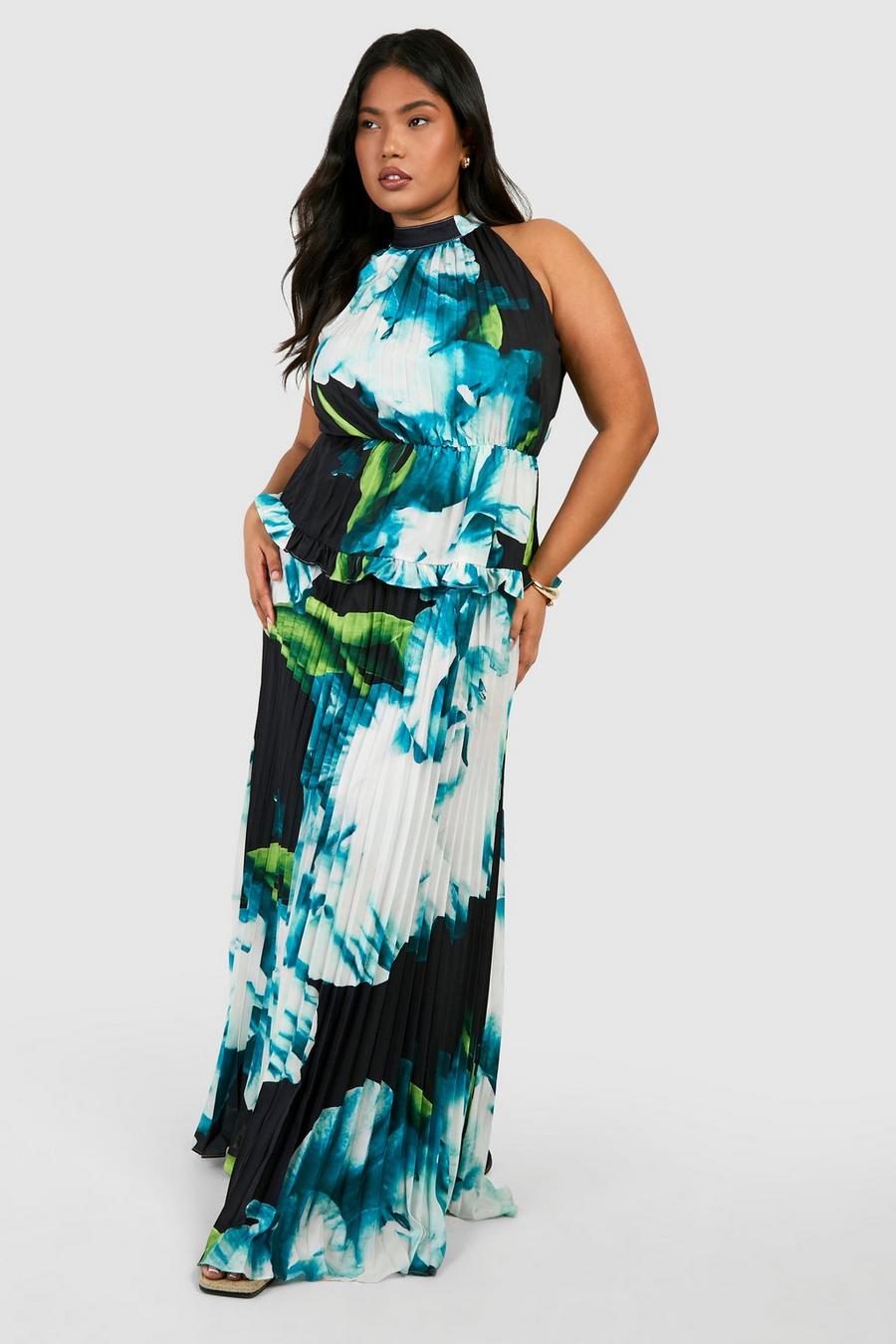 Blue Plus Large Floral Print Frill Plunge Ruffle Maxi Dress image number 1
