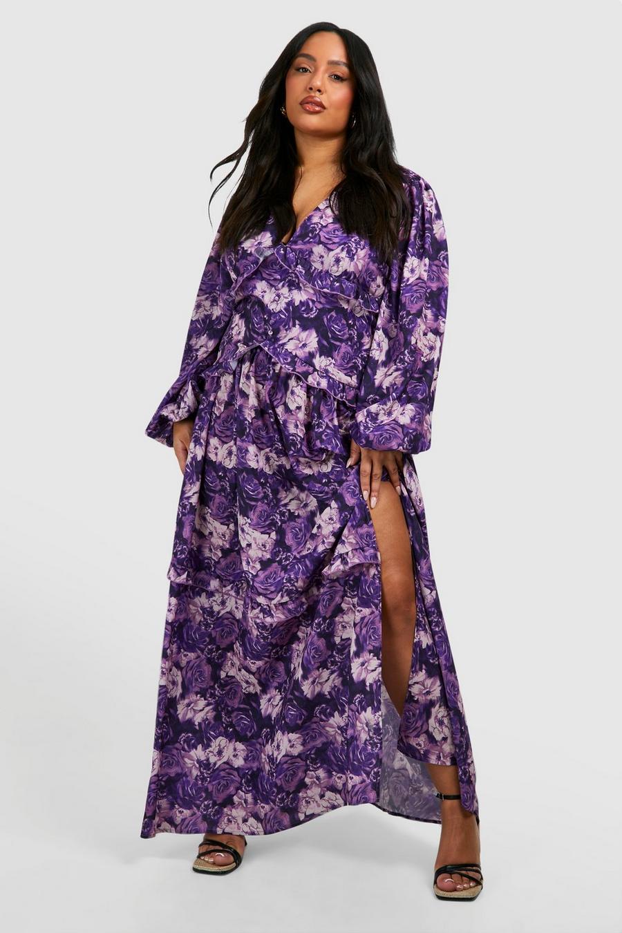 Vestito maxi Plus Size con stampa a fiori e volant in vita, Purple