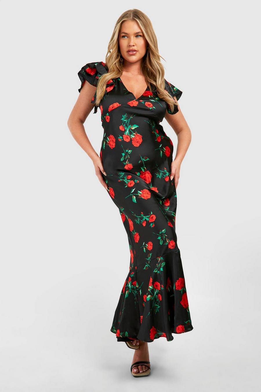 Black Plus Rose Print Frill Sleeve Maxi Dress image number 1