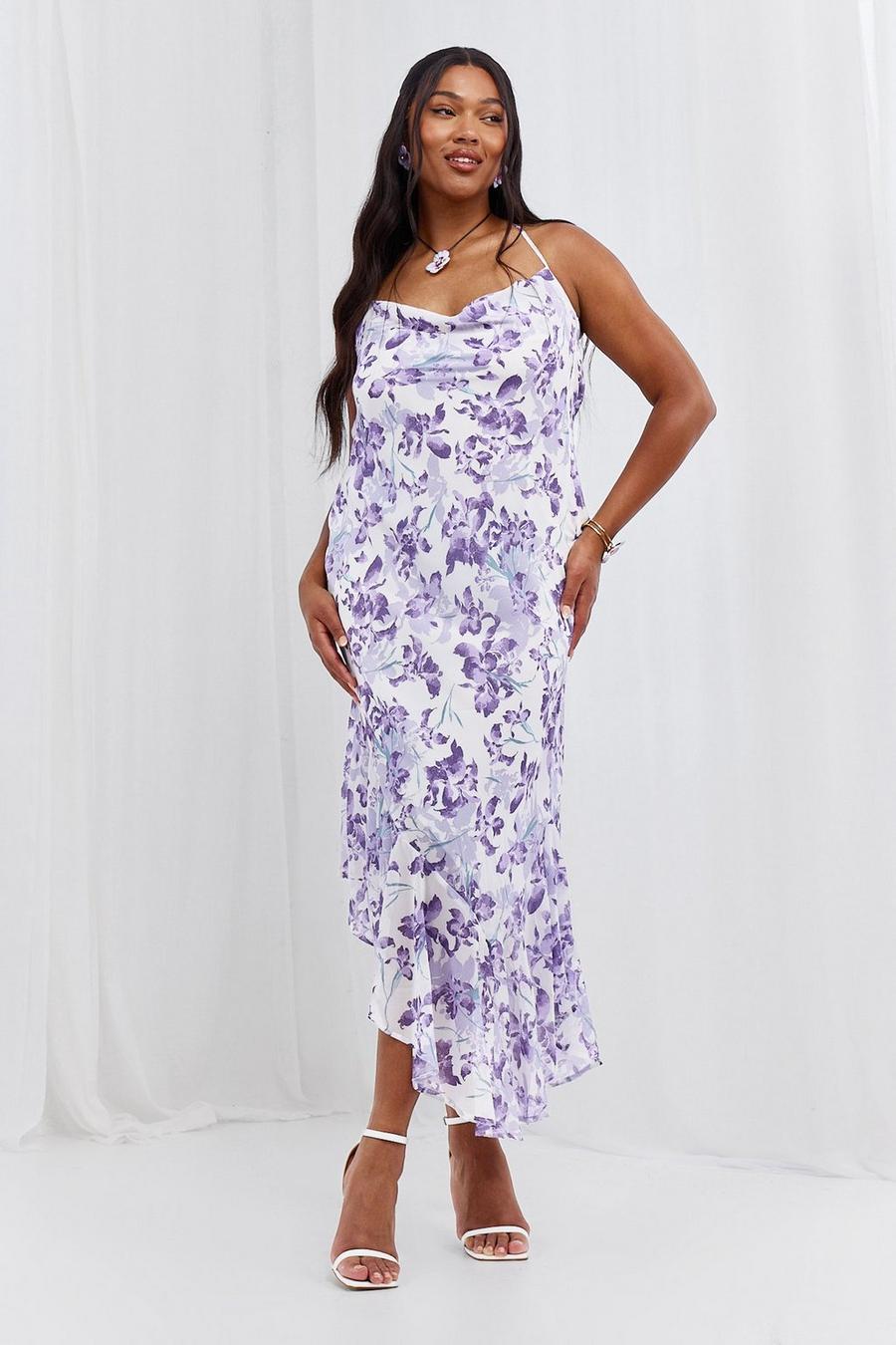 Purple Plus Floral Cowl Back Asymmetric Maxi Dress image number 1