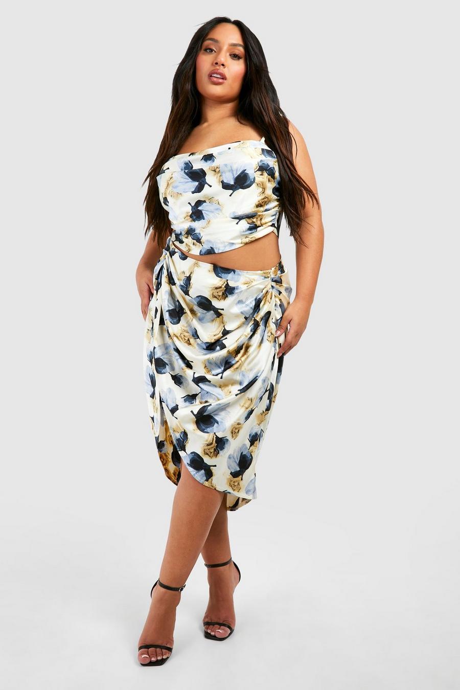 Blue Plus Woven Printed Ruched Front And Back Midi Skirt