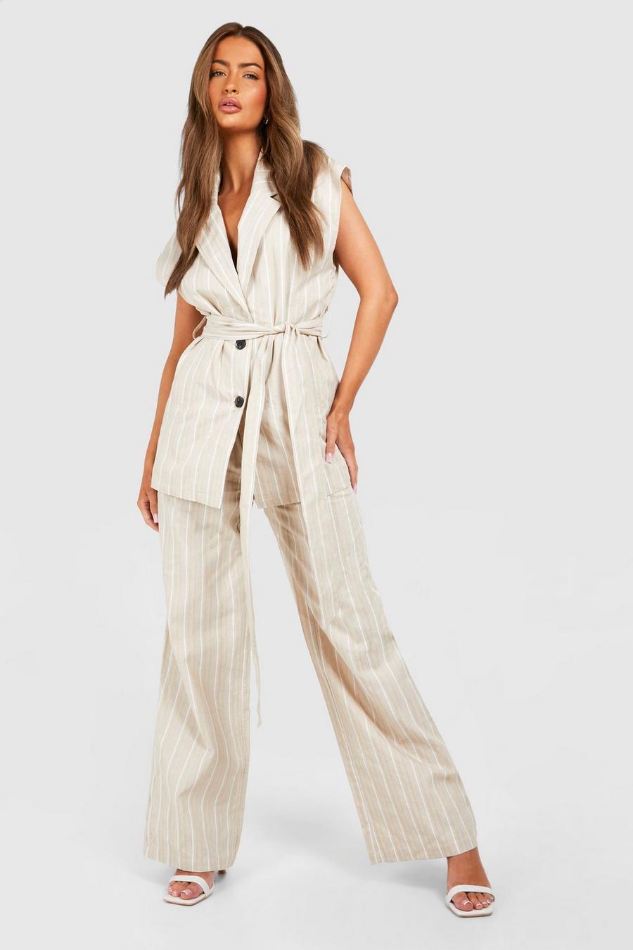 Natural beige Tonal Stripe Linen Look Relaxed Fit Wide Leg Pants image number 1